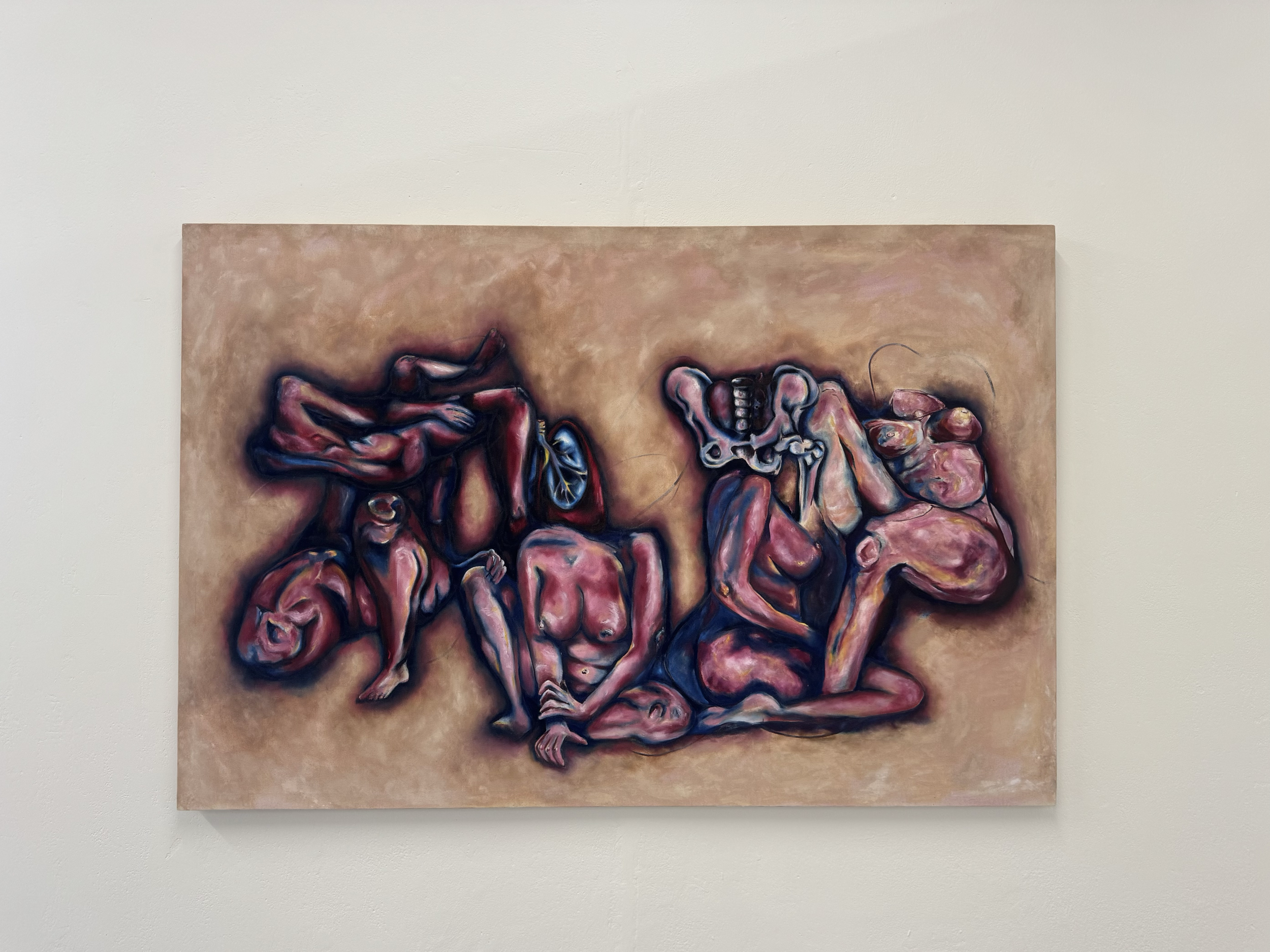 A painting of distorted, intertwined human bodies with a mixture of dark and pinkish tones set against a neutral background.