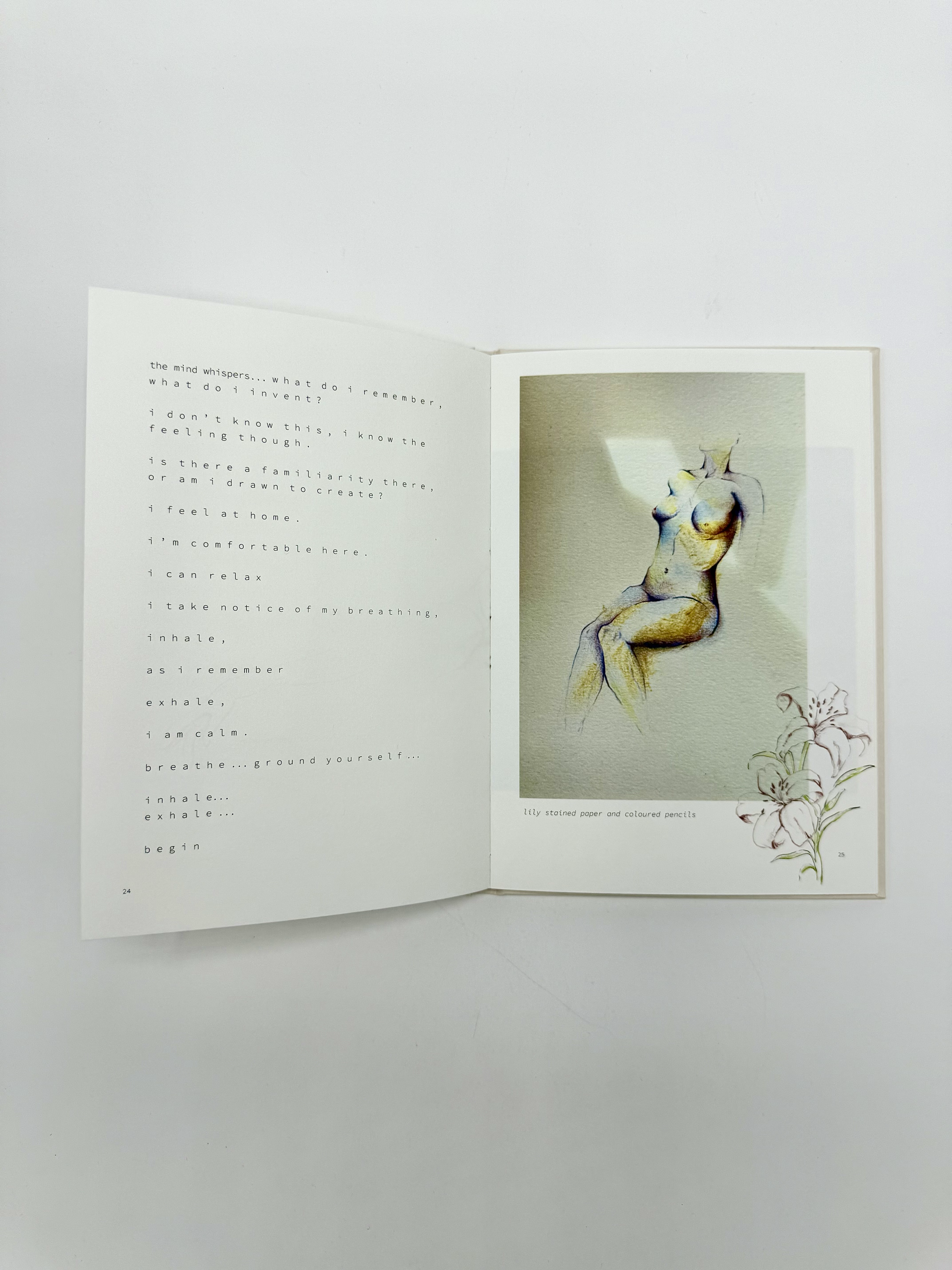 Open book showing text on the left page and a watercolor-style illustration of a female torso with flowers on the right page.