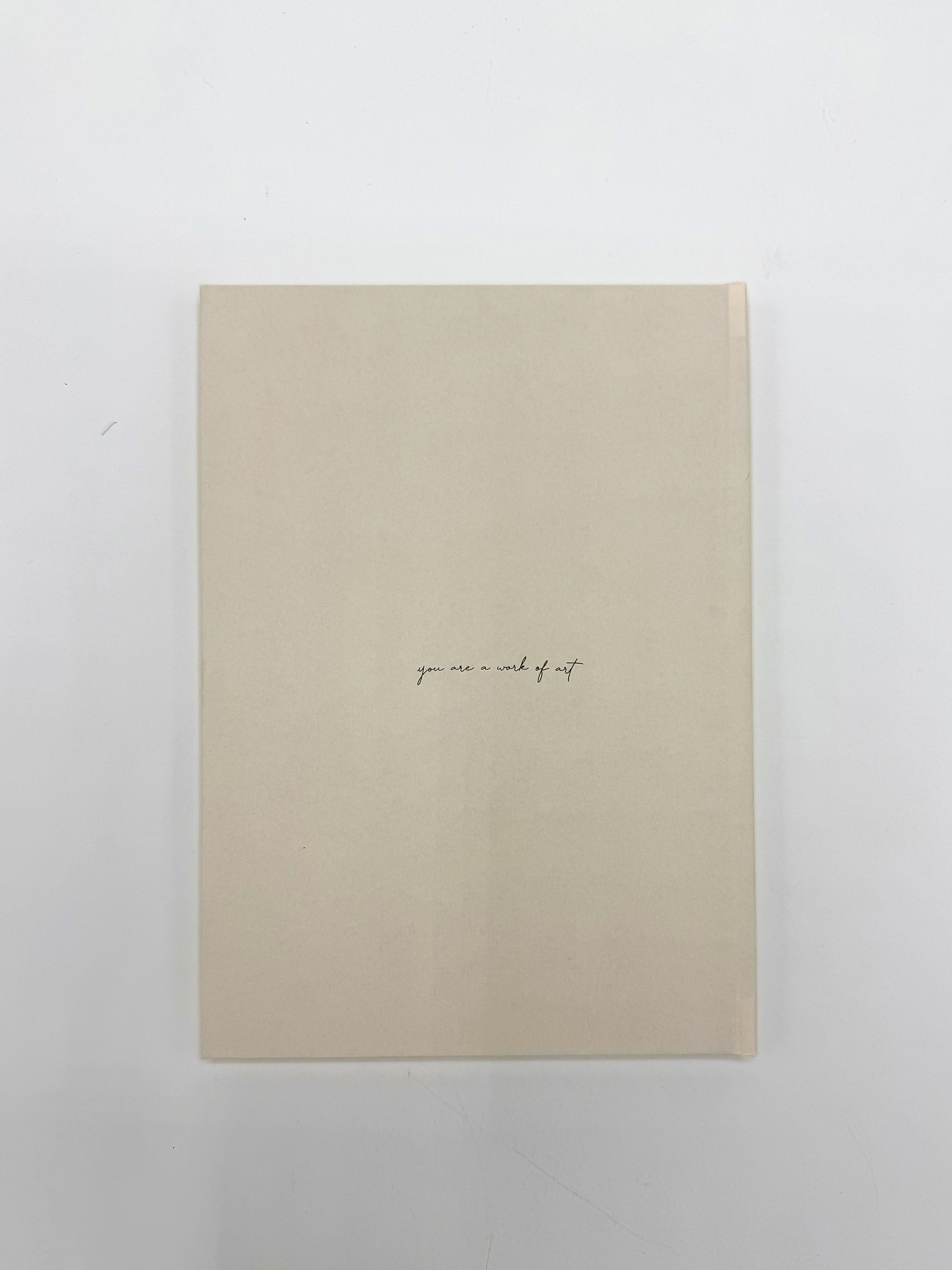A beige book with thin black cursive text that says, 'you are a work of art' is placed on a white surface against a white background.