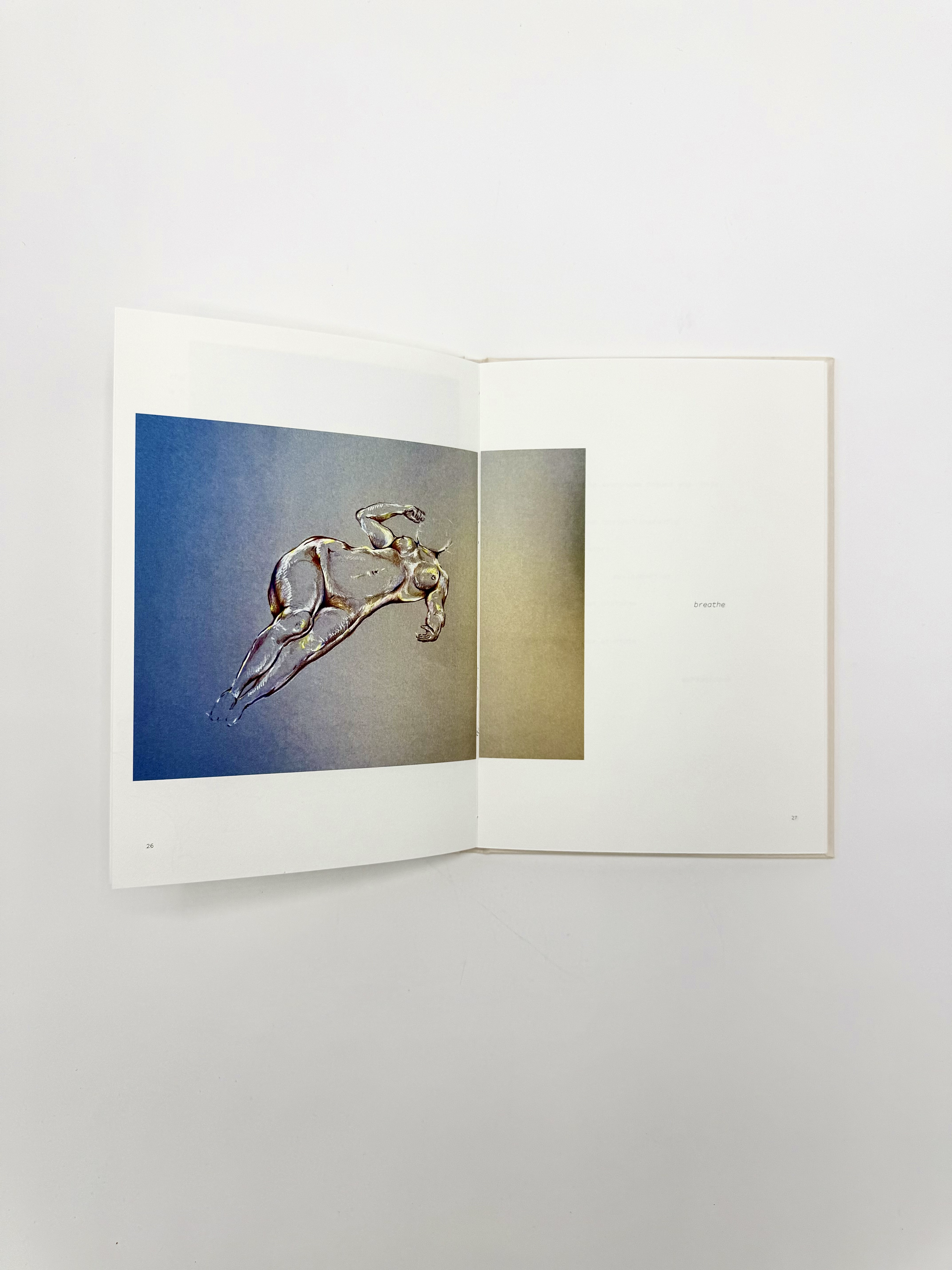 Open magazine featuring an illustration of a person floating or flying with arms outstretched, set against a gradient blue to beige background.