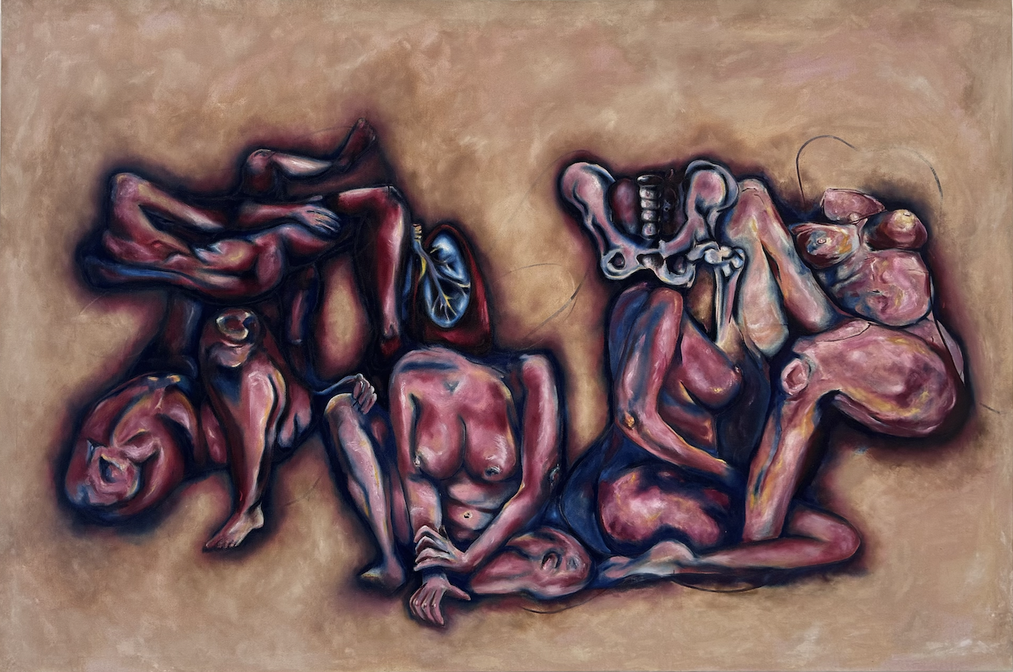 Abstract painting of five intertwined, distorted nude human figures resting on a beige background.