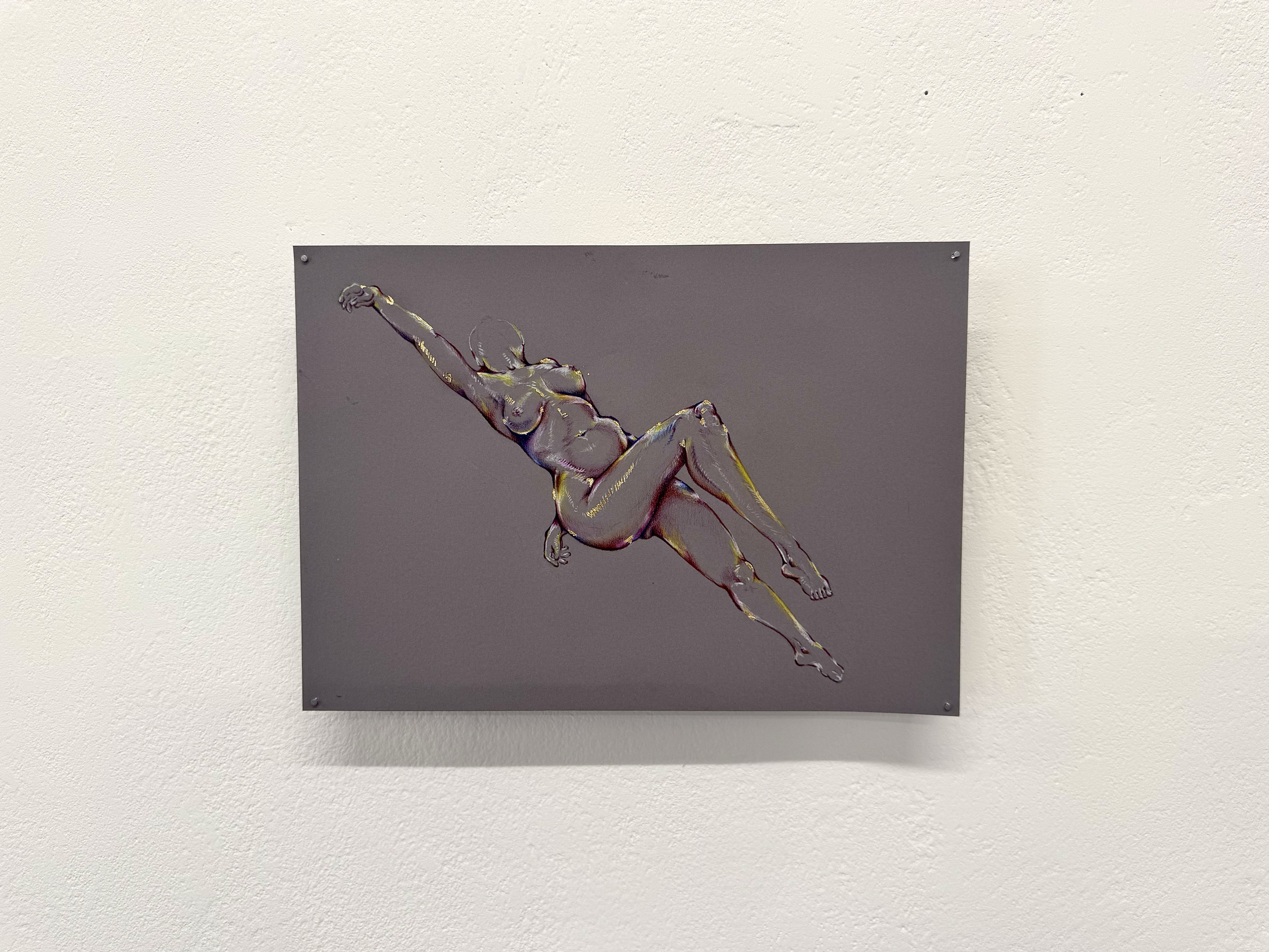 Abstract painting of a reclining nude woman with one arm raised above her head, painted on a gray background, mounted on a white textured wall.