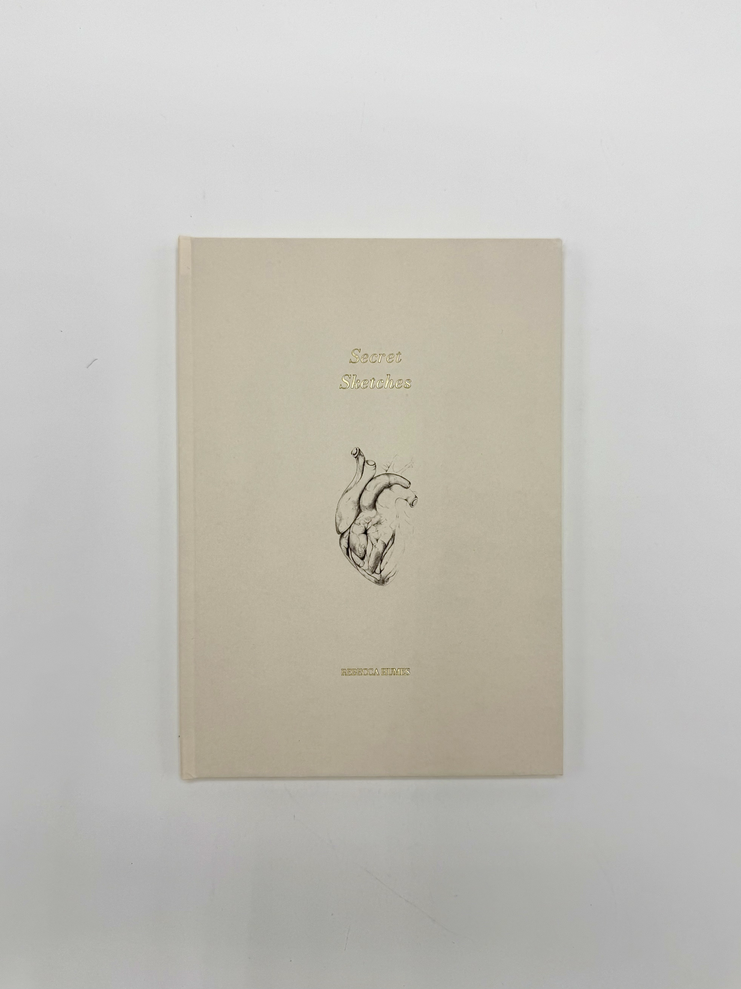 A book titled 'Secret Sketches' by Rebecca Humes, featuring a sketch of a human heart on the cover, placed on a plain white surface.