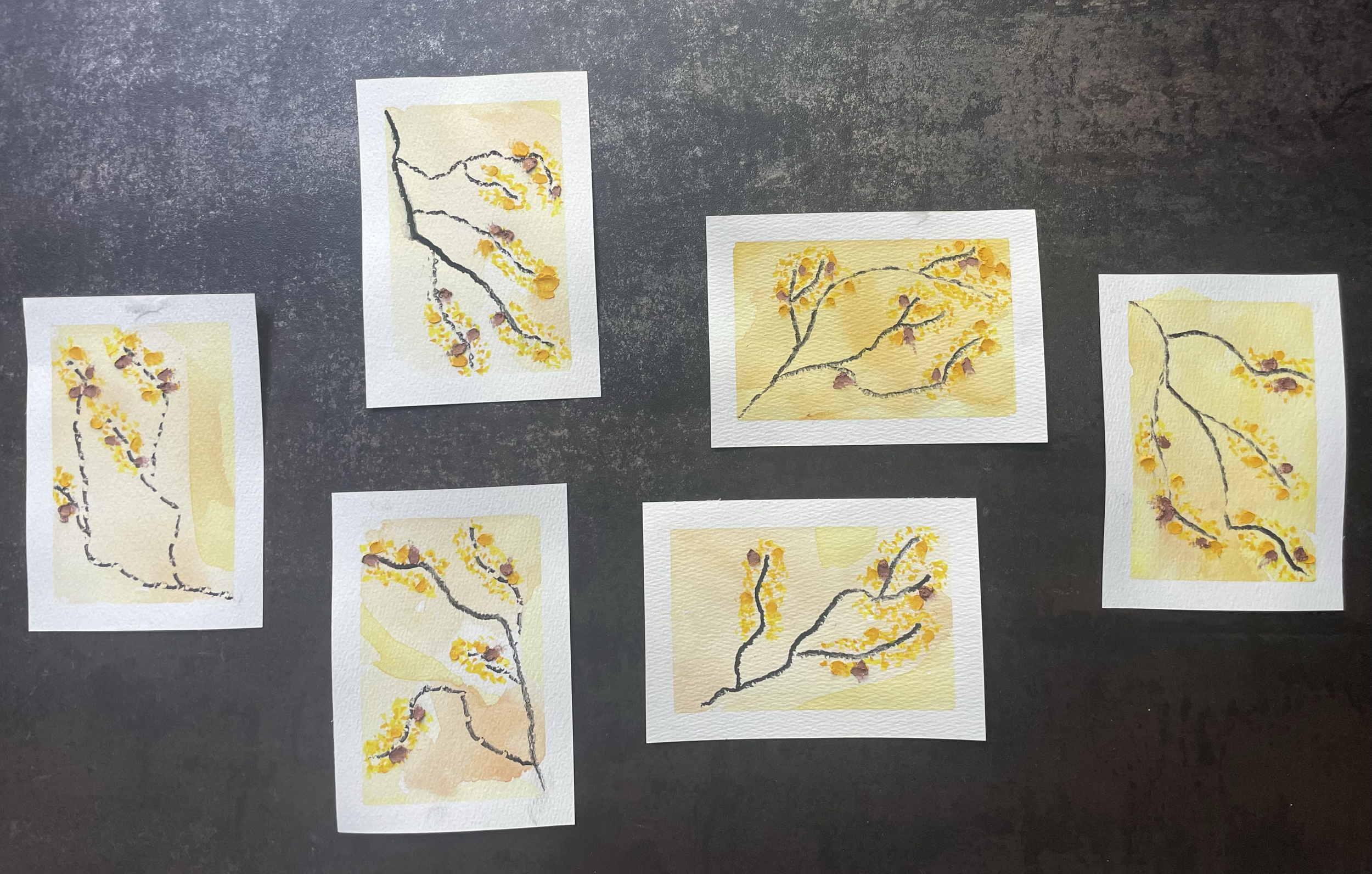 Bloom No. 3-8 
Watercolour, oil pastel, and charcoal on watercolour postcard 
11 x 15 cm 2026 
To "Beirut" by Ibrahim Maalouf 

Postcards from Bloom
