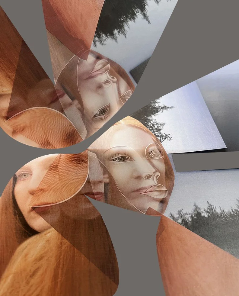 A reflective art piece featuring superimposed images of a woman's face, trees, and abstract geometric shapes in warm and cool tones.
