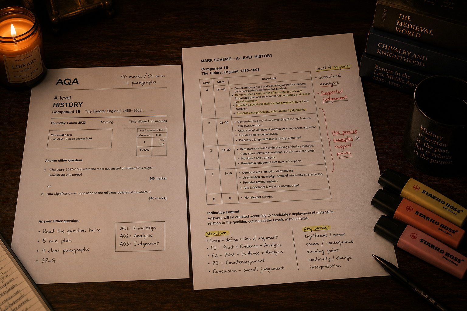 A desk with history exam papers, highlighters, a pen, a lit candle, and books about medieval history and Europe.