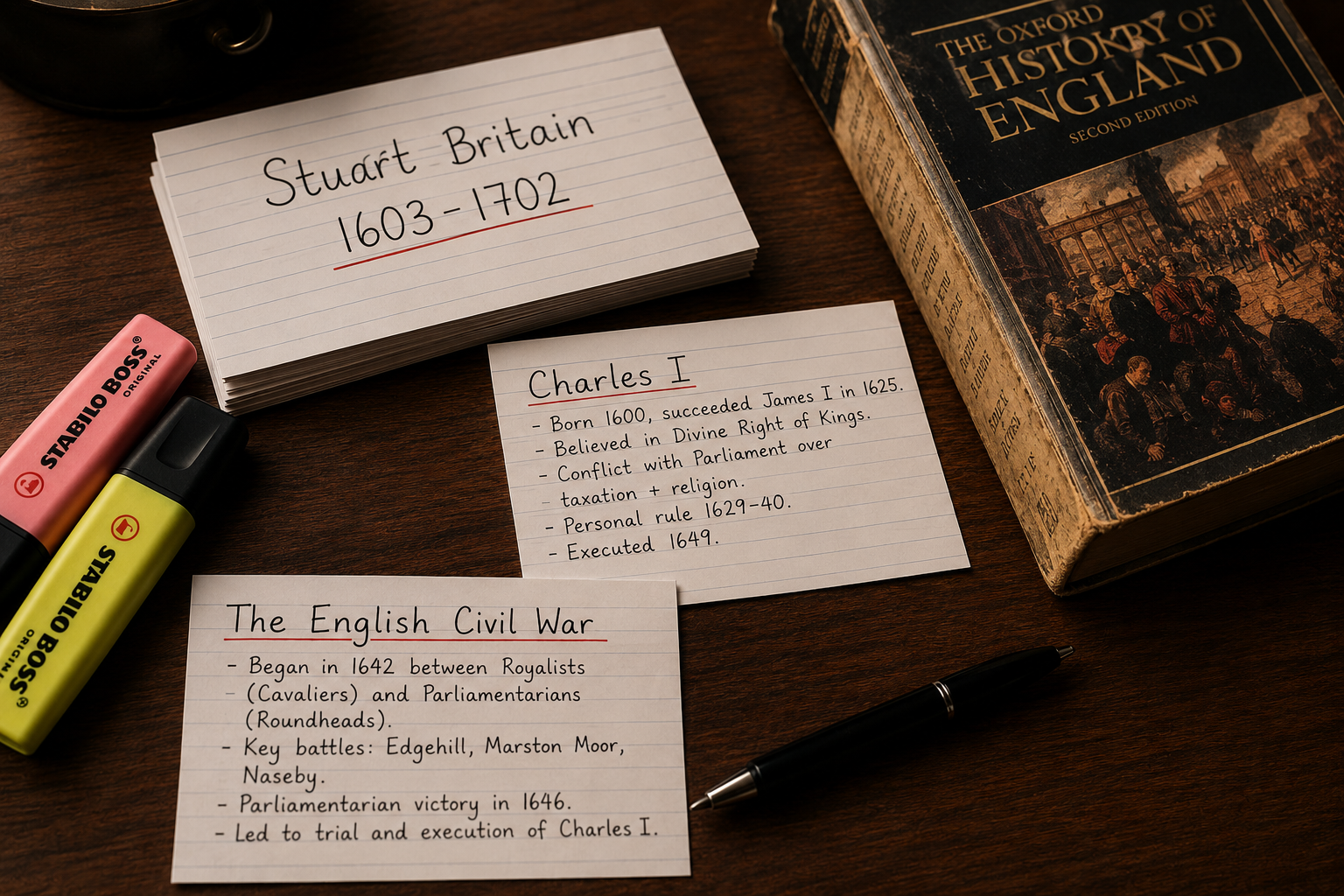 Notes on Stuart Britain, Charles I, and The English Civil War on lined paper, with pens, a book titled 'The Oxford History of England' on a wooden desk.