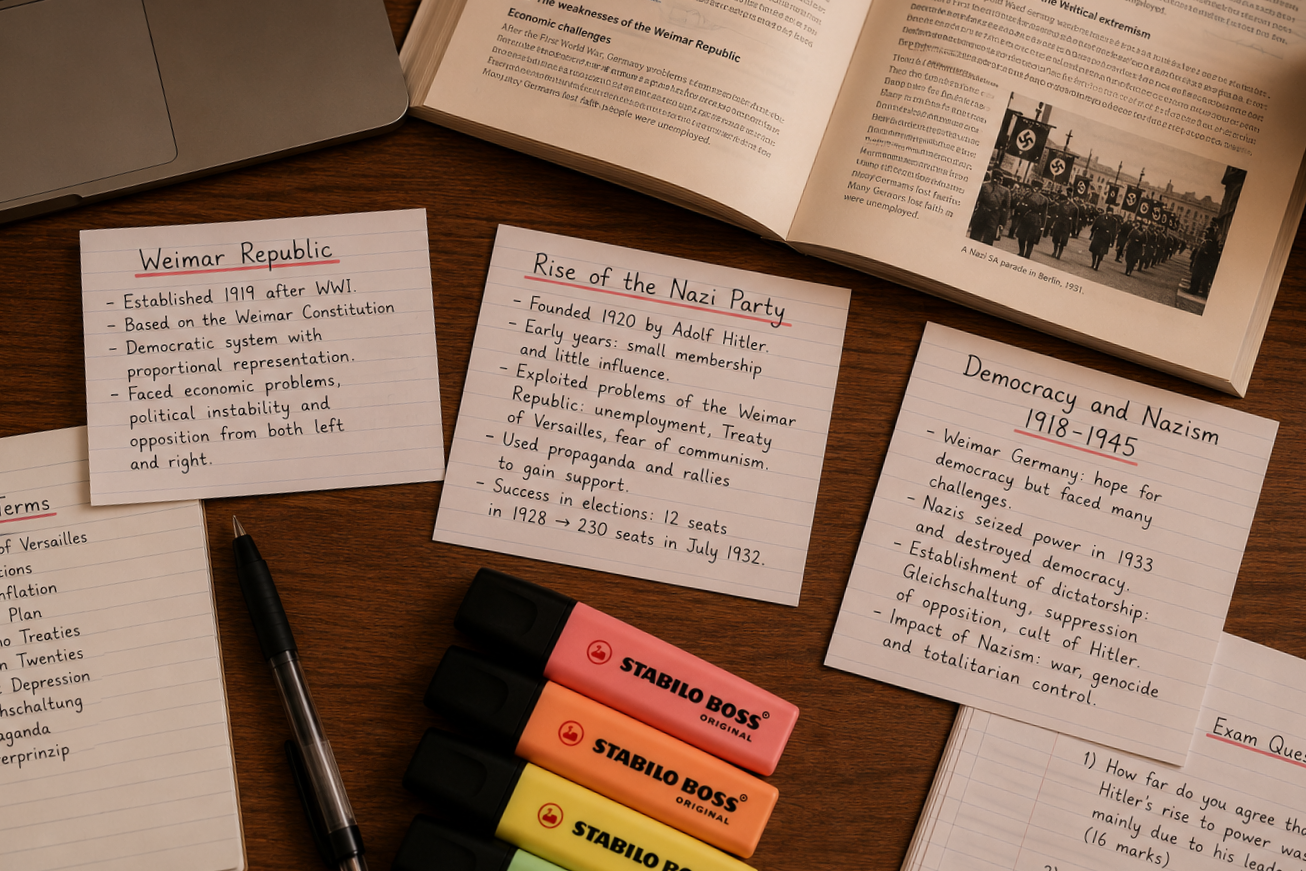 Organized study notes and open book about Weimar Republic, Nazi Party, democracy, and Nazism history, along with four highlighters, a pen, and a laptop on a wooden desk.