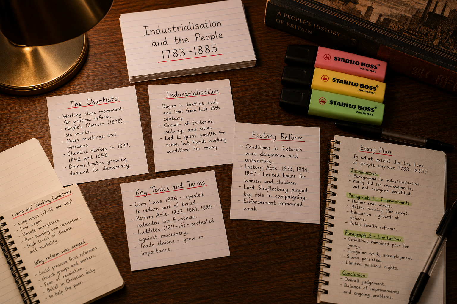 A desk with various notes and materials about industrialization and other historical topics. There are handwritten notes, a book titled "A People's History of Britain," highlighters, a pen, and a notebook with an essay plan.