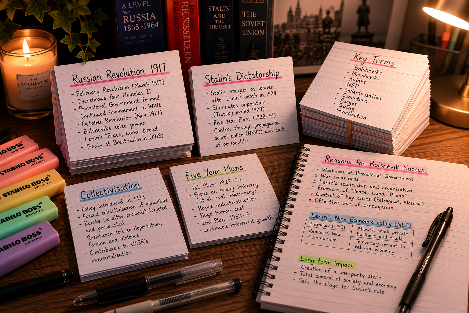 Notes about Russian Revolution 1917, Stalin's Dictatorship, Key Terms, Collectivisation, Five Year Plans, Reasons for Bolshevik Success, Lenin's New Economic Policy, and Long Term Impact, with pens and highlighters on a wooden desk.