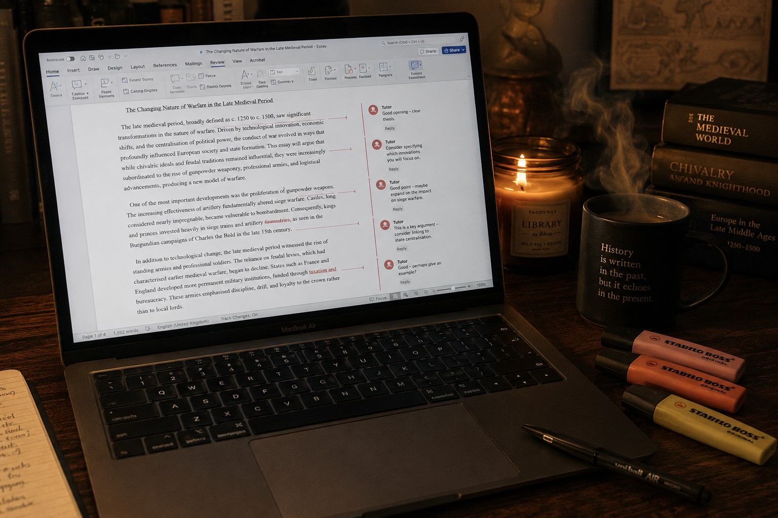 A laptop on a wooden desk displaying a document titled "The Changing Nature of Warfare in the Late Medieval Period" with comments and replies from a tutor. To the right, there are three stacked books about medieval history, a lit candle in a glass jar, a steaming mug with a quote about history, three highlighters, and a pen. There is also an open notebook with handwritten notes on the left.