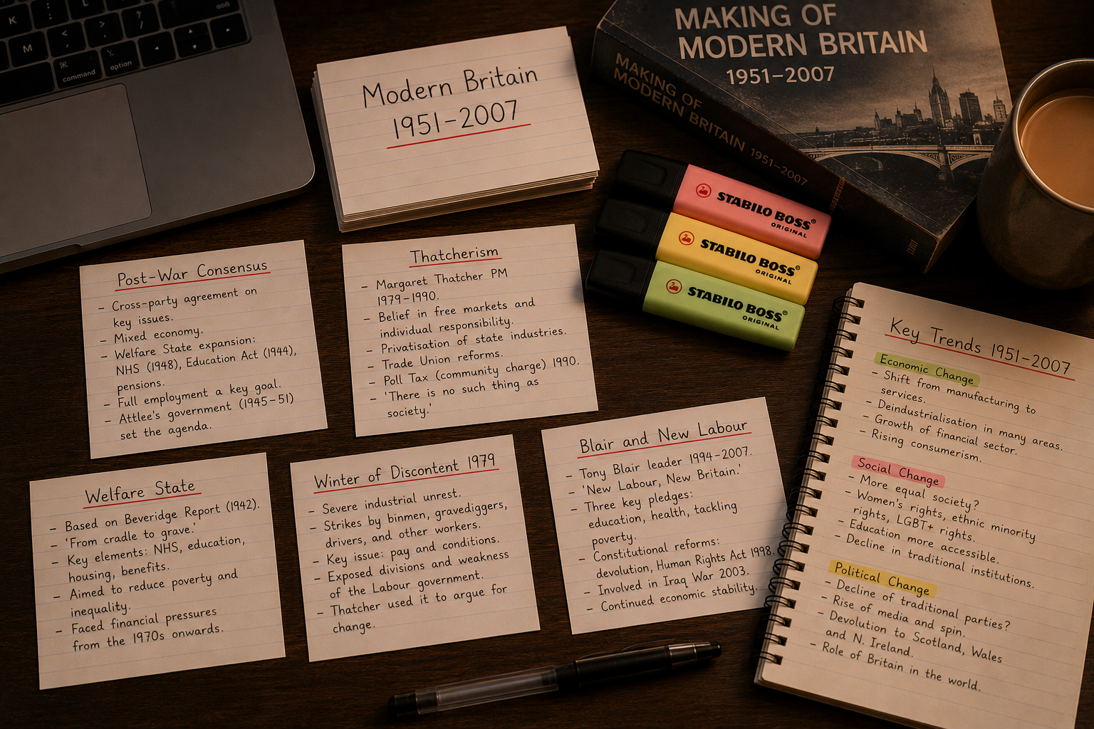 Desk with a laptop, a stack of notes titled "Modern Britain 1951-2007," a book titled "Making of Modern Britain 1951-2007," three Stabilo Boss highlighters, a cup of coffee, and several handwritten notes discussing political, social, and economic trends in Britain from 1951 to 2007.