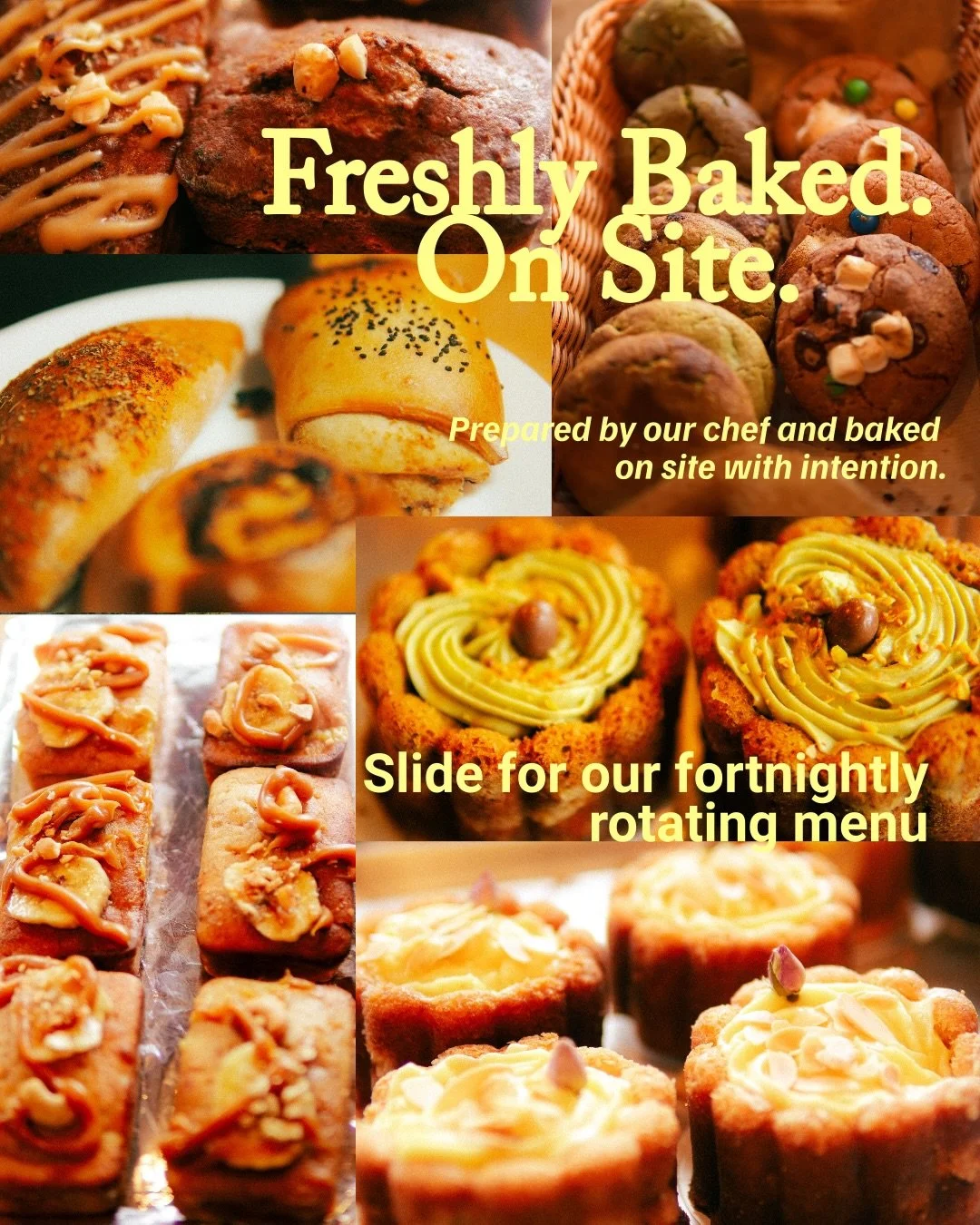 Life is busy, so let us bake for you. From the quiet hours of the morning to the last golden tray coming out of the oven, our chef is pouring passion into every batch. We&rsquo;re so excited to introduce our new fortnightly rotating menu! We&rsquo;ve