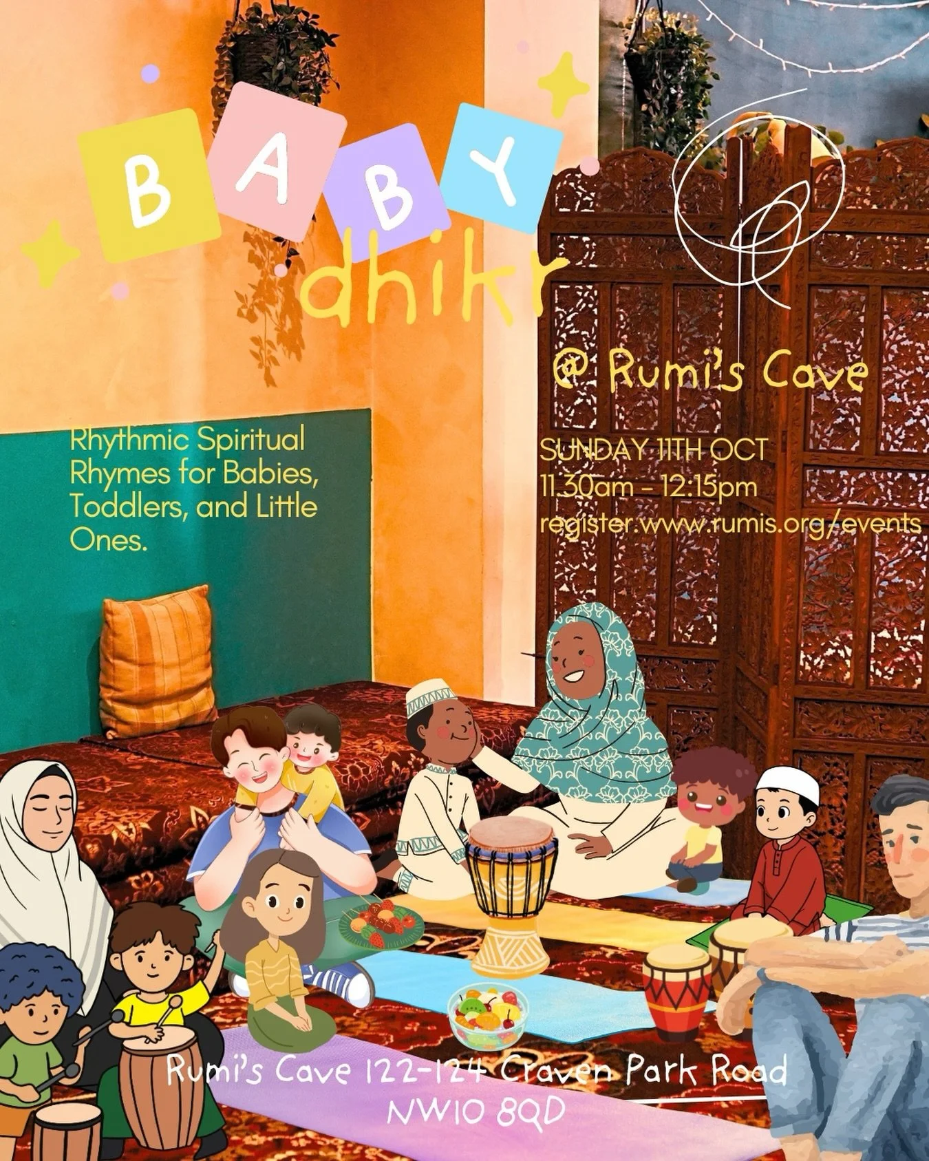 In the early morning, the Cave fills with small voices, drums and rhythm. Baby Dhikr is a gentle half hour of spiritual rhymes for babies, toddlers and little ones, with a grown-up beside them. Sunday 11th October, 11:30am to 12:15pm

Tickets: www.ru