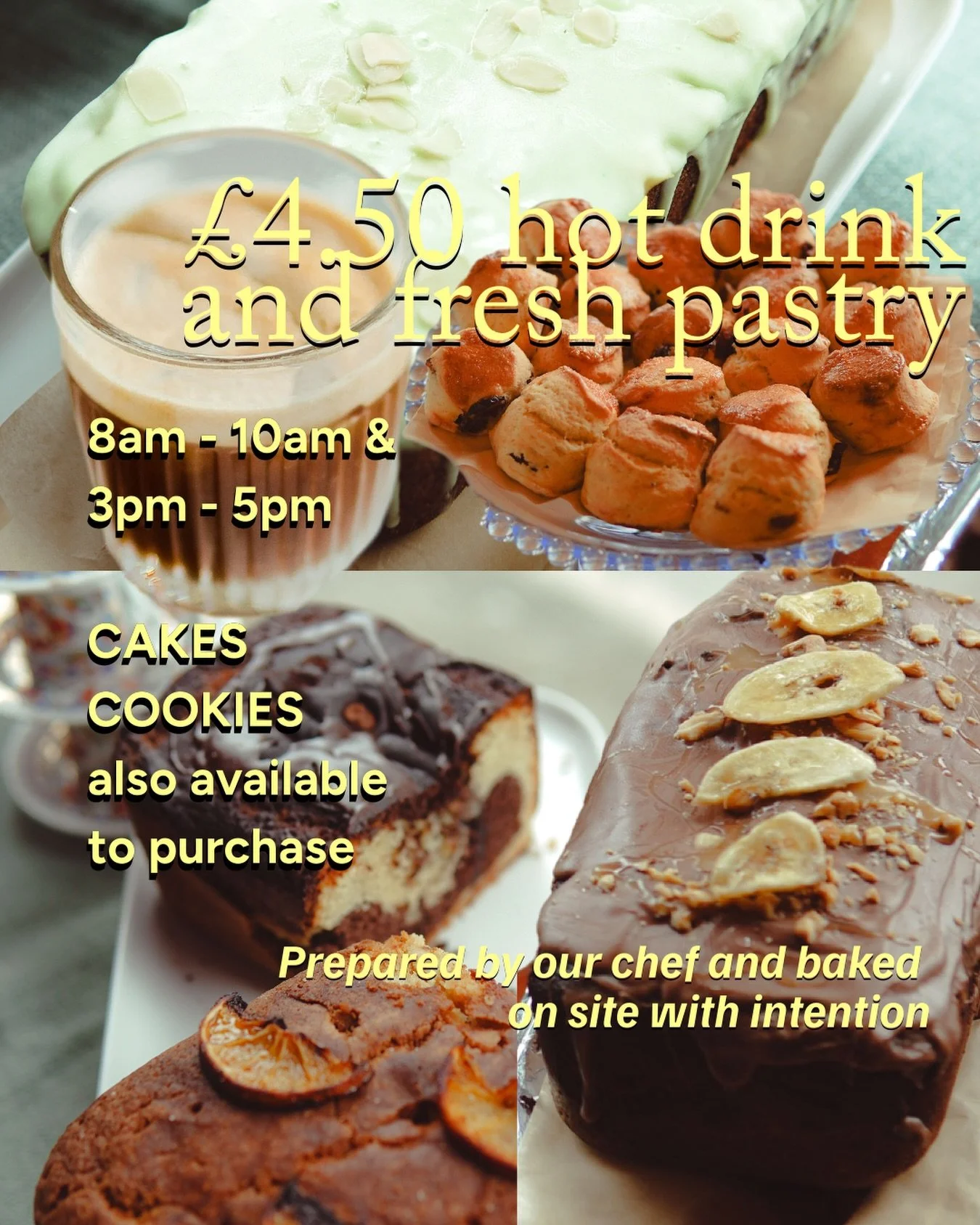 &pound;4.50 for a hot drink and a fresh pastry ✦

The kind of morning that begins with steam rising off a cup and something still warm from the oven. Scones with a crisp, sugared top. A loaf under a honey glaze. Chocolate, marble, orange and banana, 