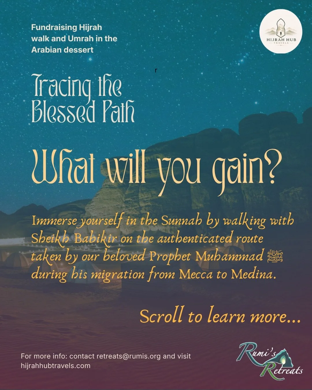 What will you gain from the Hijrah Walk? 🤍 

A journey of spiritual growth, sacred knowledge, meaningful companionship and service. 

From performing Umrah and learning the Seerah to benefiting from the teachings of the Sheikh and raising funds for 
