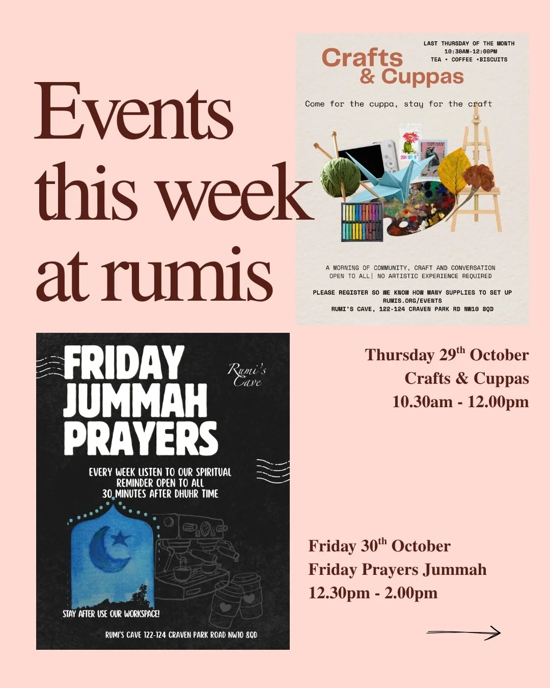 Crafts &amp; Cuppas 🎨☕ Thursday 29th October, 10:30am to 12:00pm Come for the cuppa, stay for the craft. Open to all.

Friday Jummah Prayers  Friday 30th October, 12:30pm to 2:00pm A weekly spiritual reminder, open to all.

Tijani Sufi Dhikr  Friday