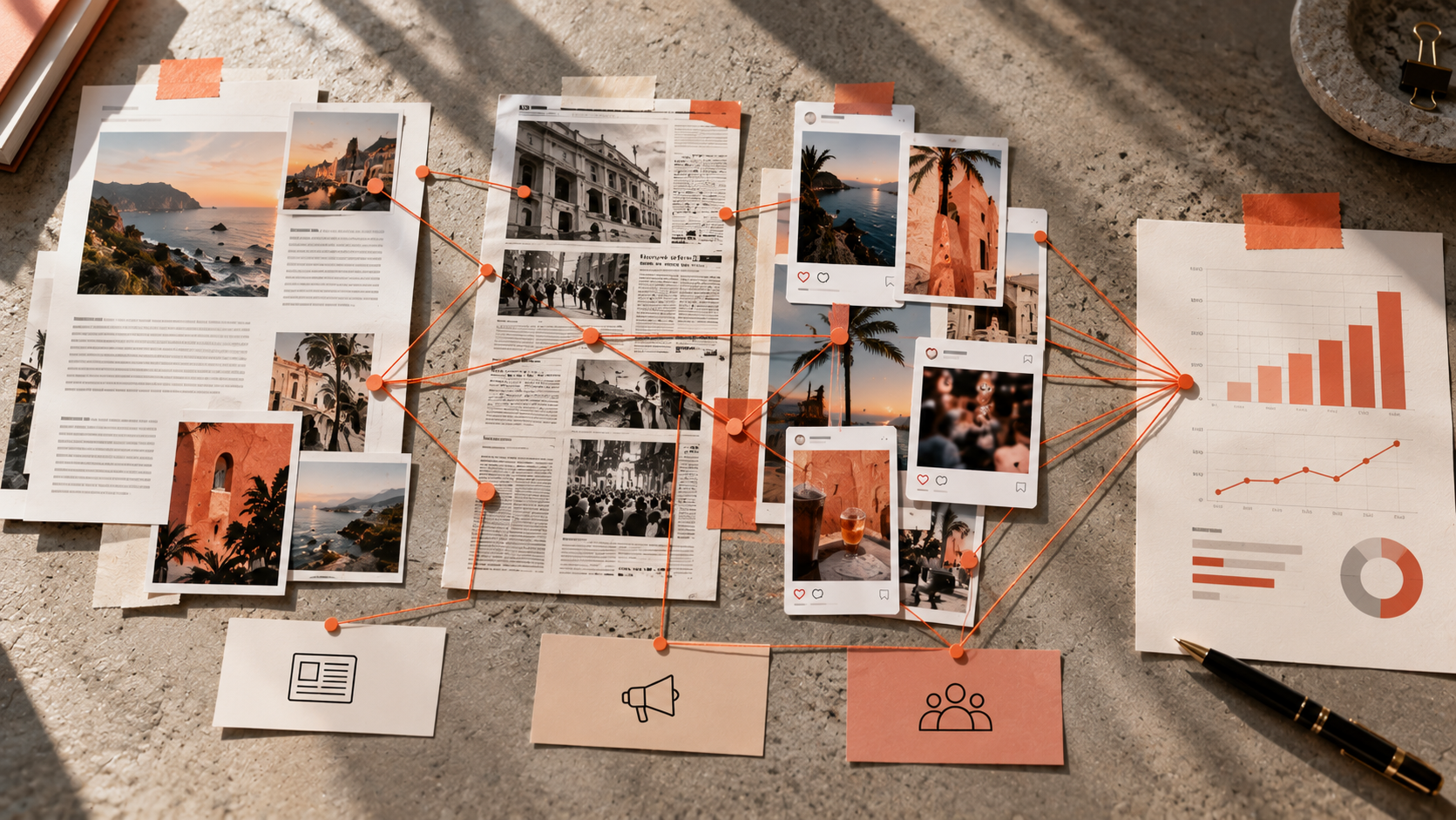 Content, PR and social media campaign assets connected together and leading to a single set of performance results