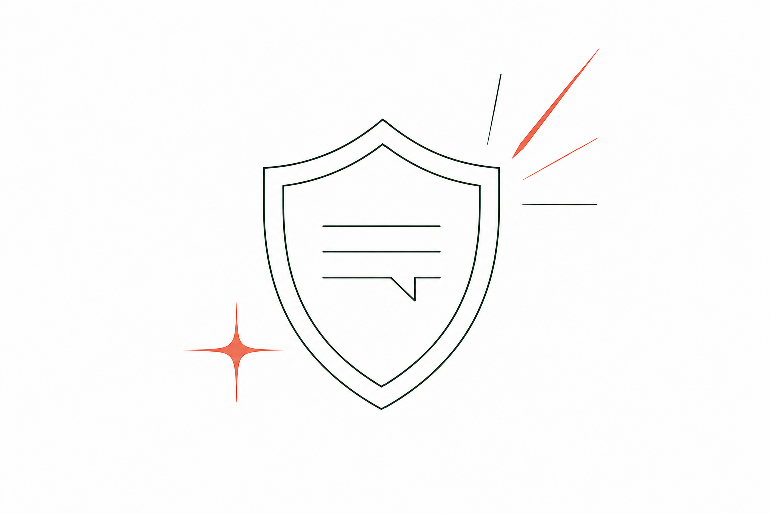 Minimal line-art shield containing a speech bubble, representing clear process, calm counsel and confident communications when the stakes are high.