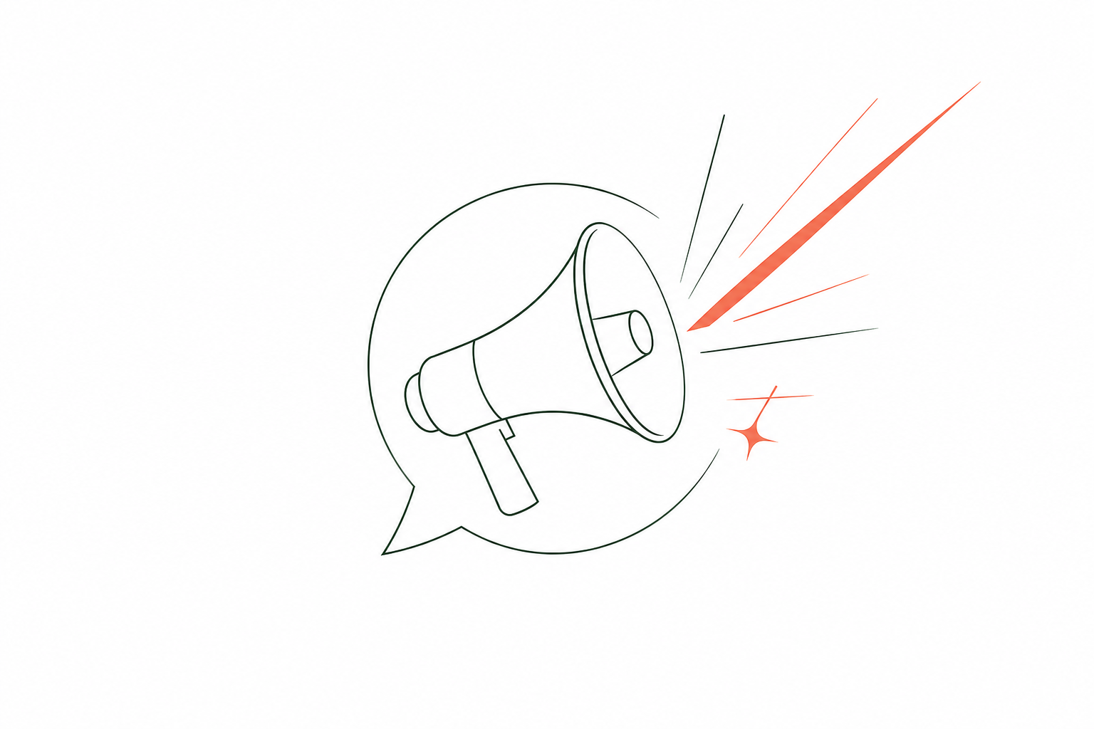 Minimal line-art icon of a megaphone within a speech bubble, with coral and green accents representing PR, media communications and amplified messaging.
