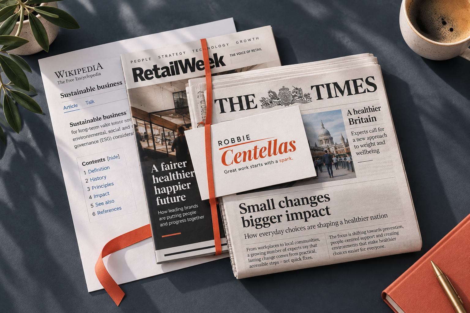 A stack of press showing layered earned media: a Wikipedia page, RetailWeek trade magazine and The Times newspaper, tied together with a Robbie Centellas branded card on top.