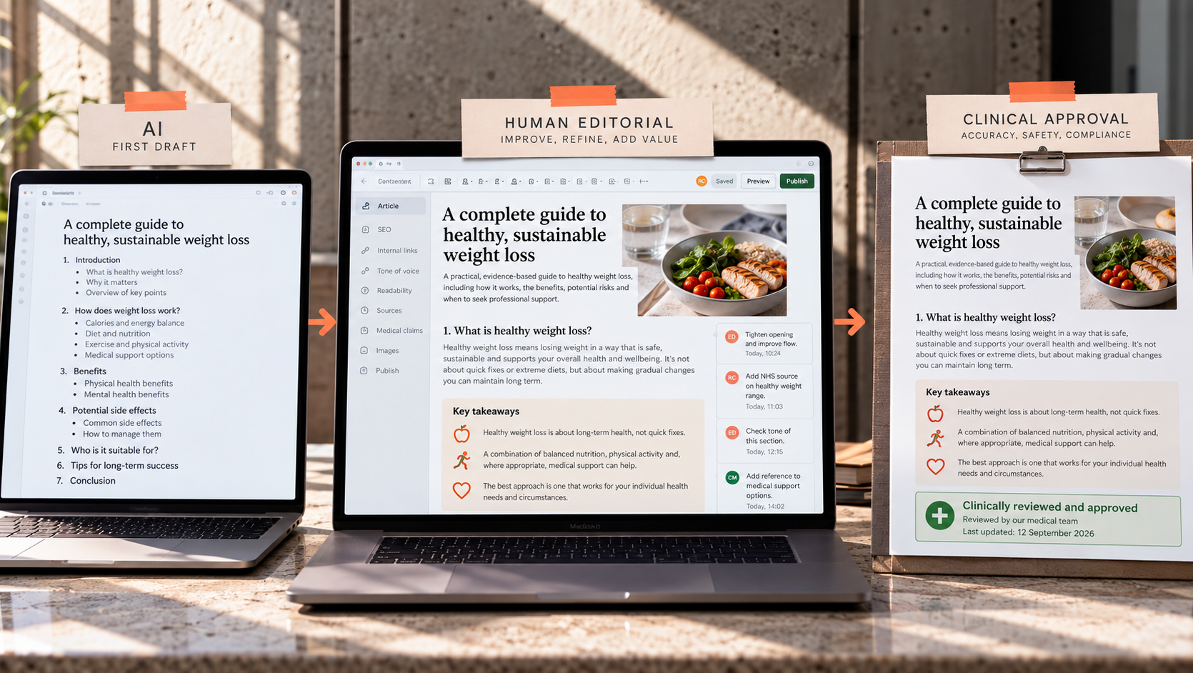 AI-assisted healthcare content workflow showing an AI first draft, human editorial review and final clinical approval