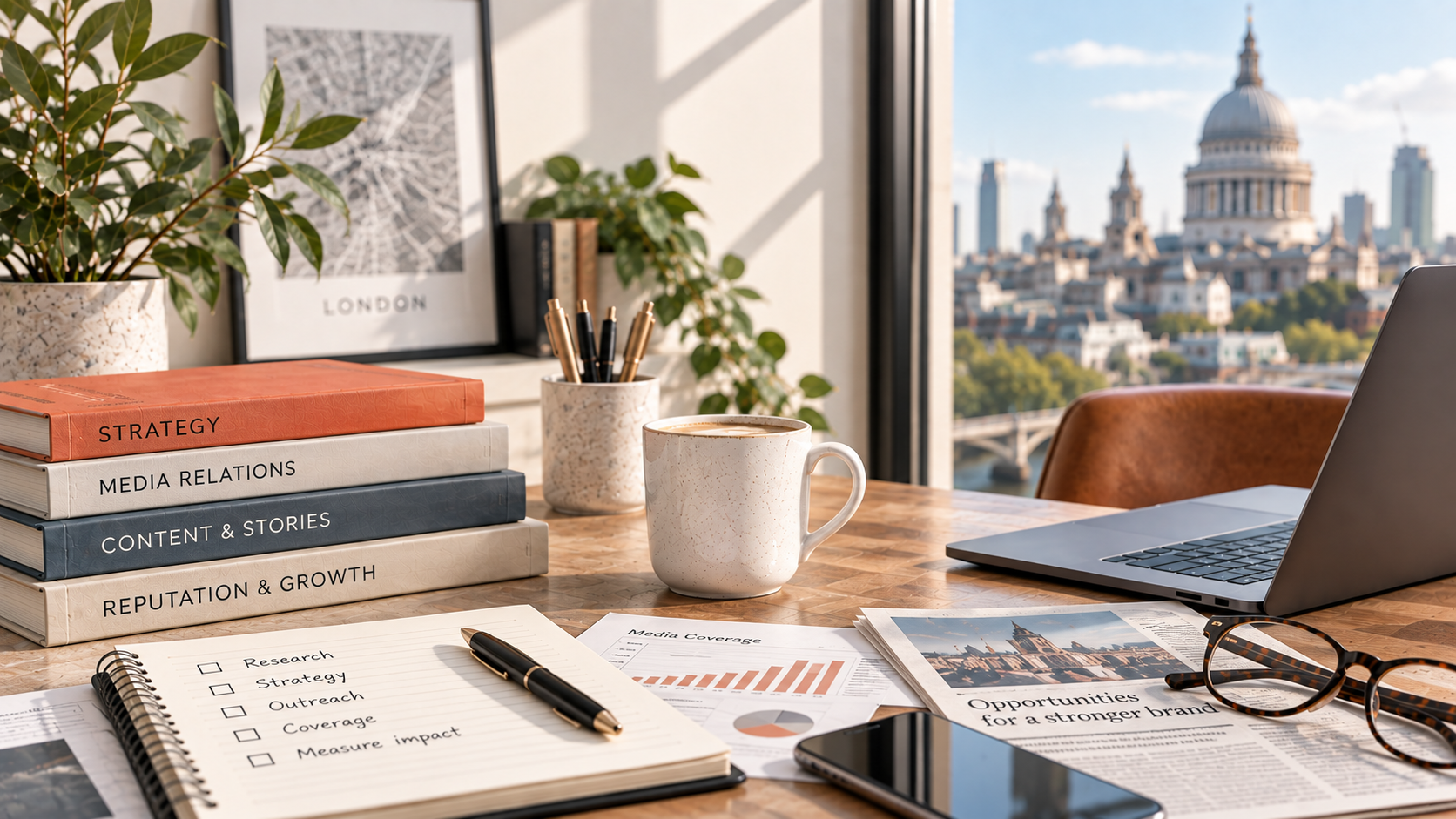 Freelance PR consultant workspace illustrating PR consultancy costs, rates and services in the UK