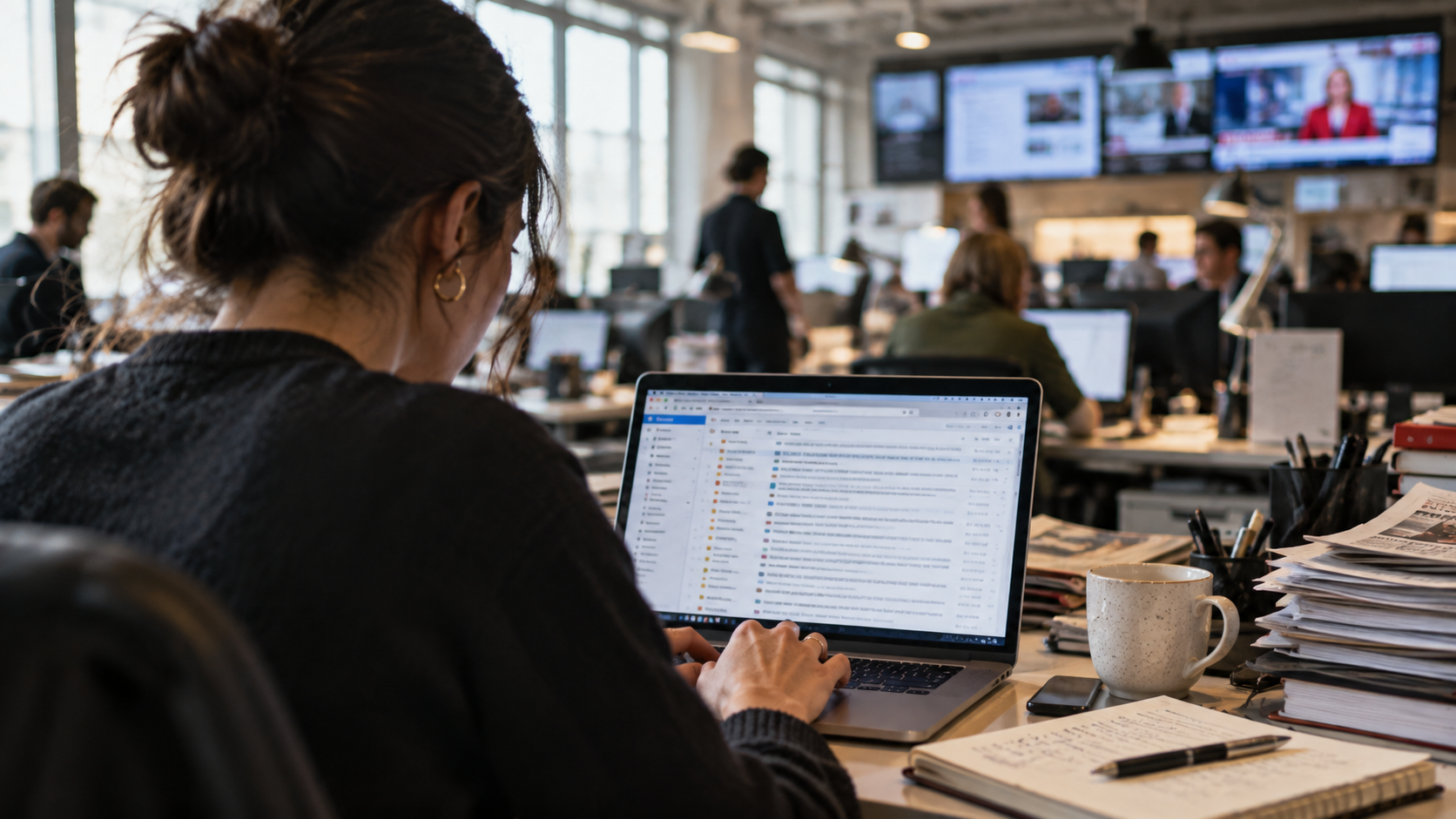 Journalist reviewing PR pitches in a crowded email inbox in a busy newsroom