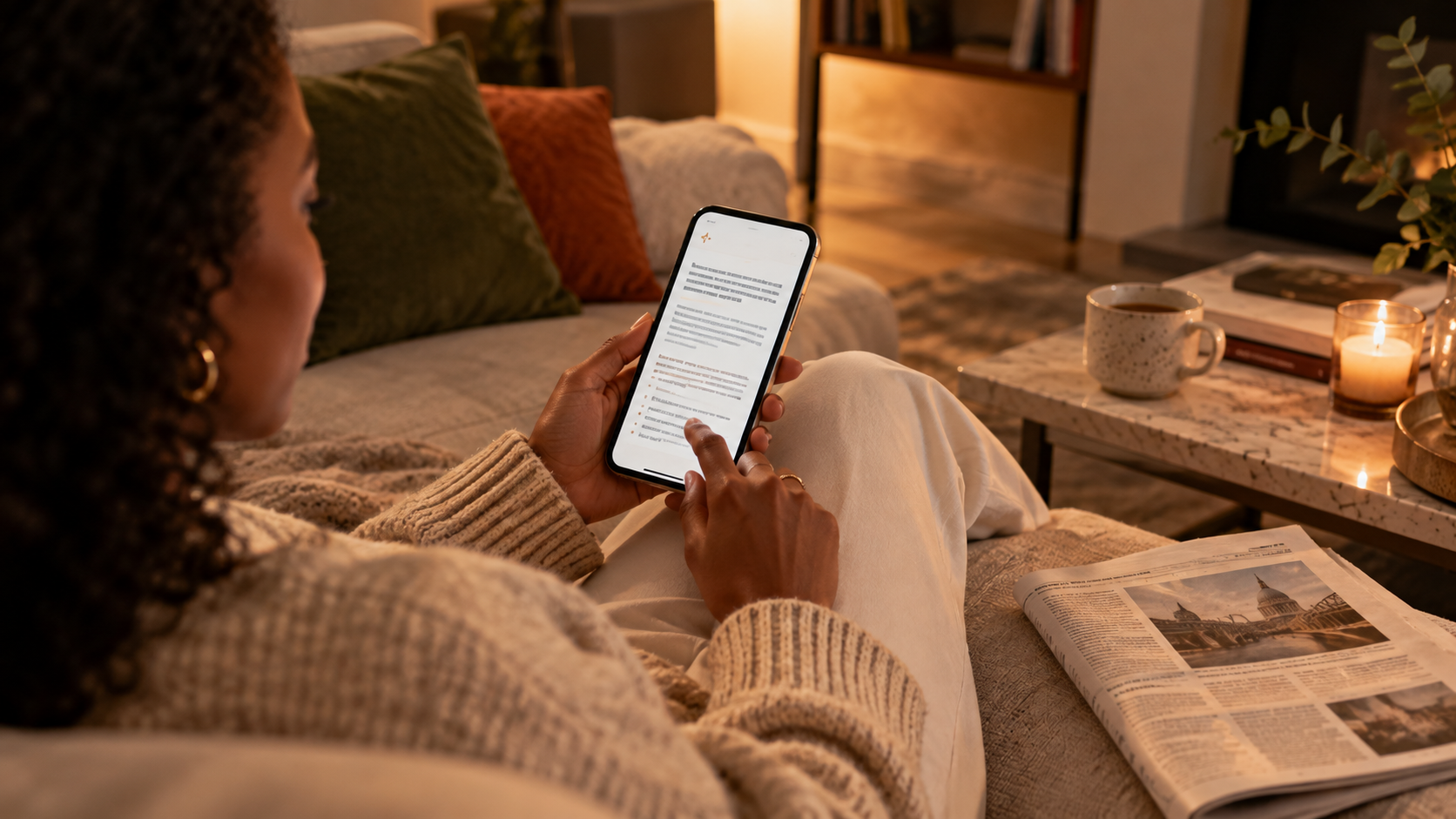 Person reading an AI-generated answer on a smartphone with a newspaper beside them, illustrating trust in AI search and traditional media