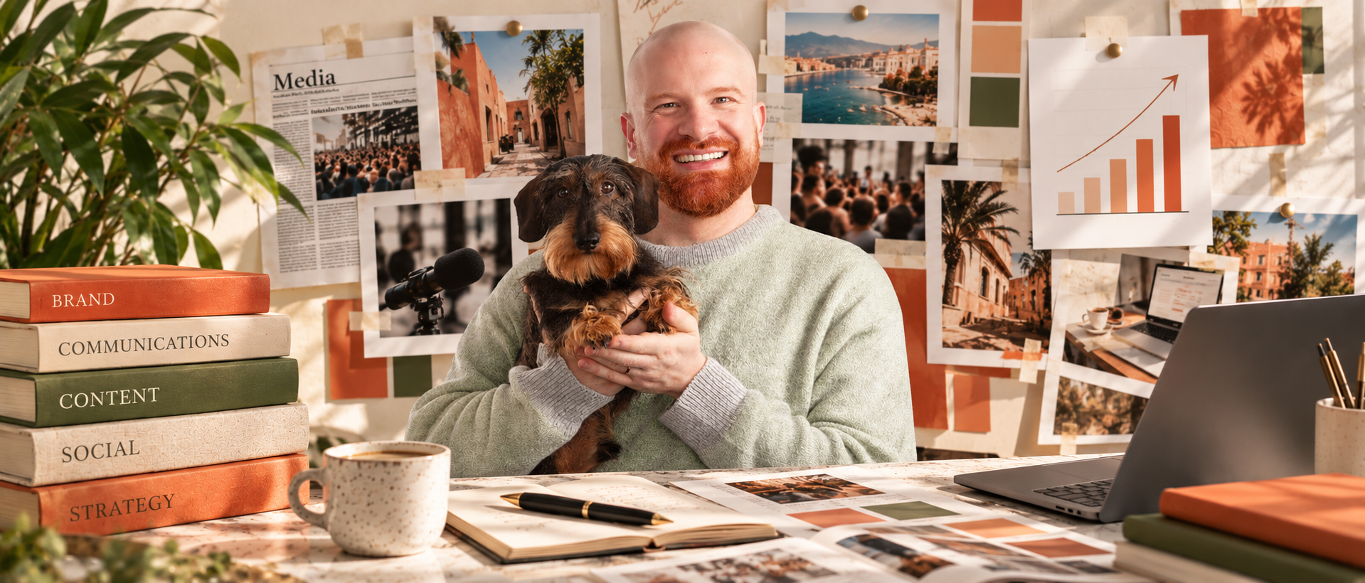 Robbie Centellas with his dog in a creative workspace surrounded by PR, content, social media, brand and strategy materials