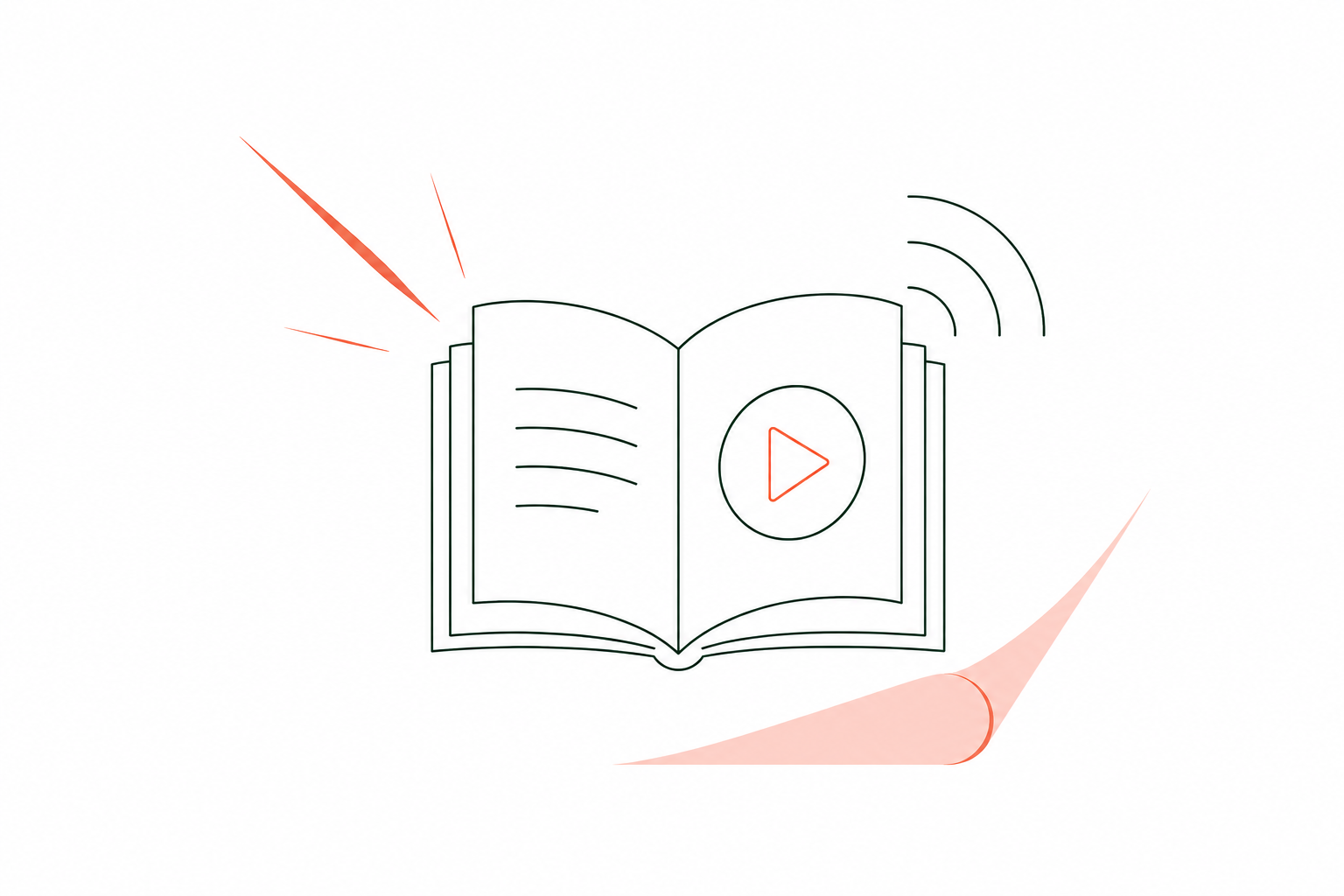Minimal line-art icon of an open book with a play button and signal waves, representing written, video and audio content formats.