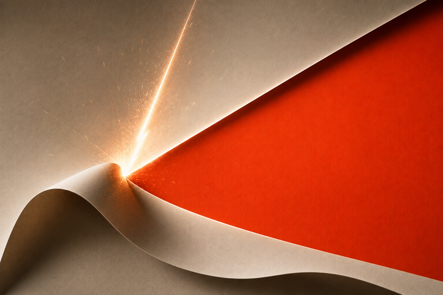 Abstract spark of light bursting from a sweeping paper fold to reveal a bold coral layer beneath, representing the moment everything changes.