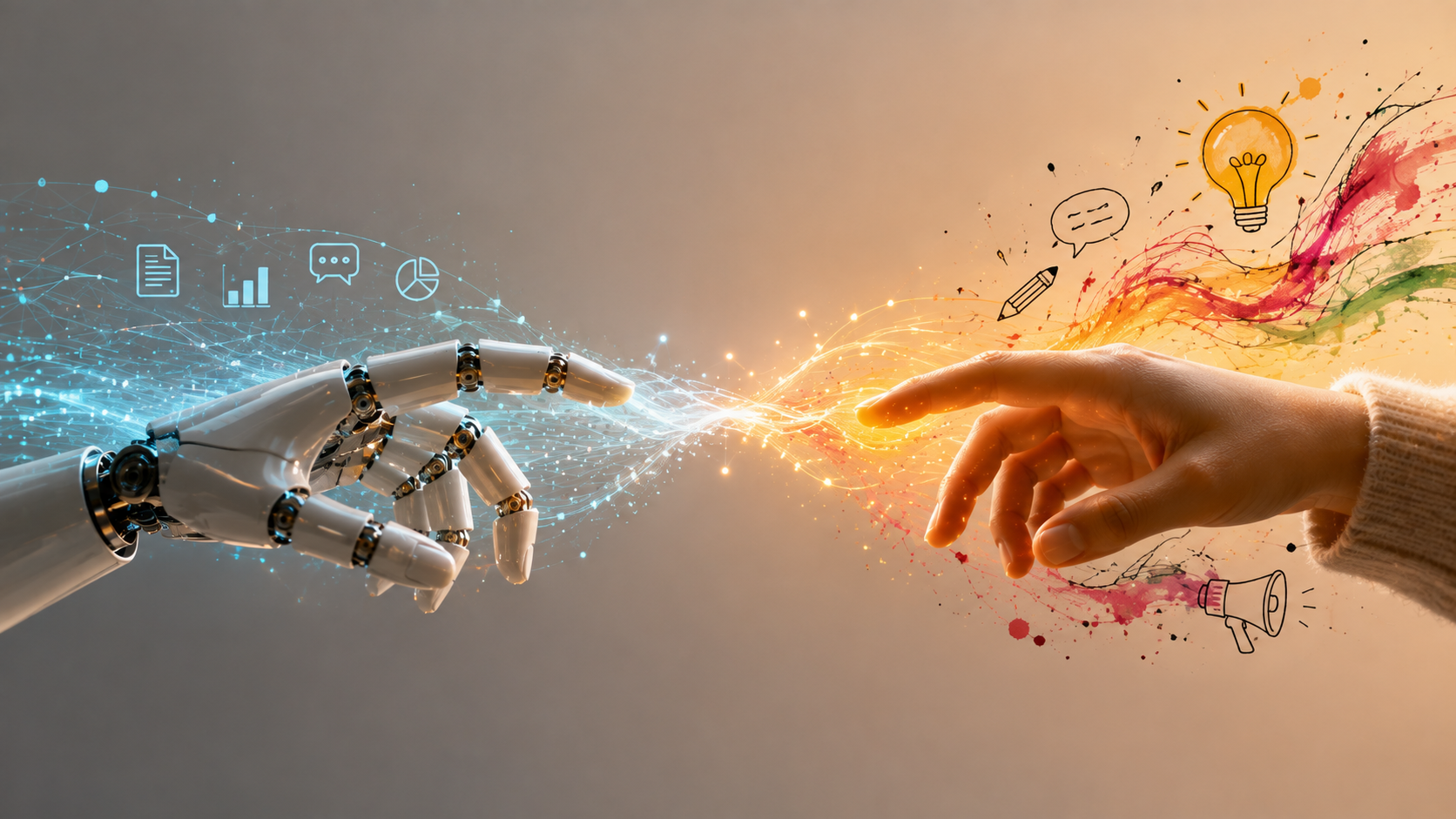 Communications professional collaborating with AI tools, illustrating how artificial intelligence streamlines content creation while human creativity, strategy and judgement make communications more effective.