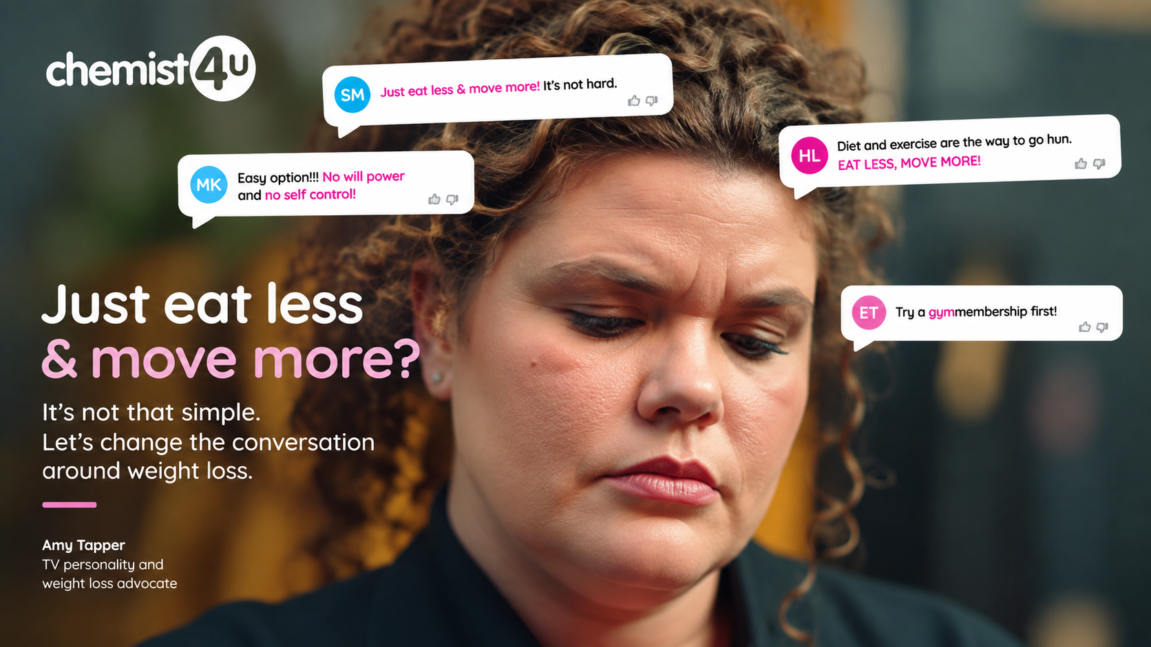 Amy Tapper featured in Chemist4U's Eat Less Move More campaign challenging stigma and simplistic attitudes around weight loss