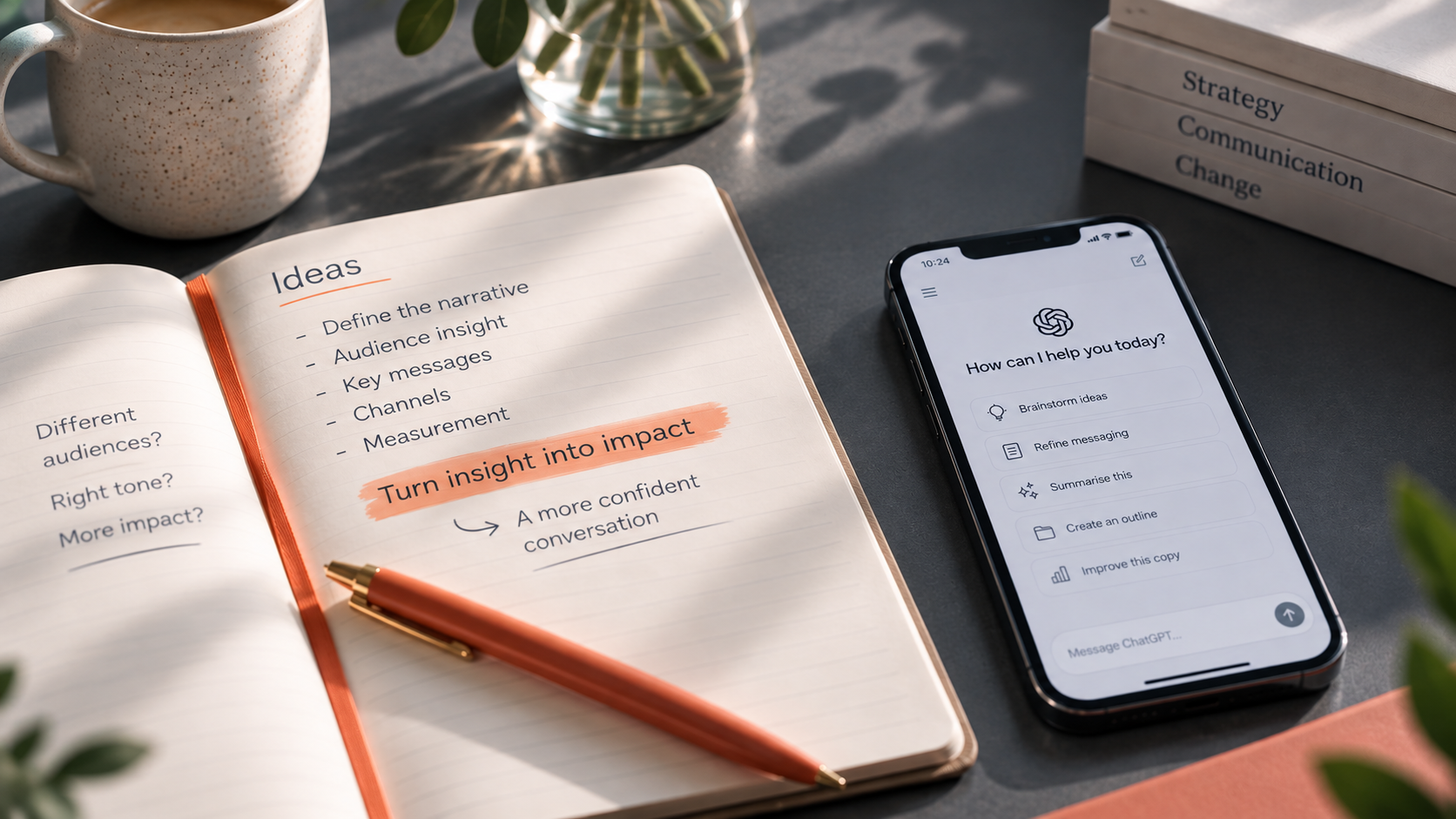 Open strategy notebook beside an AI chat interface, illustrating how communications insight and AI can turn ideas into impact.