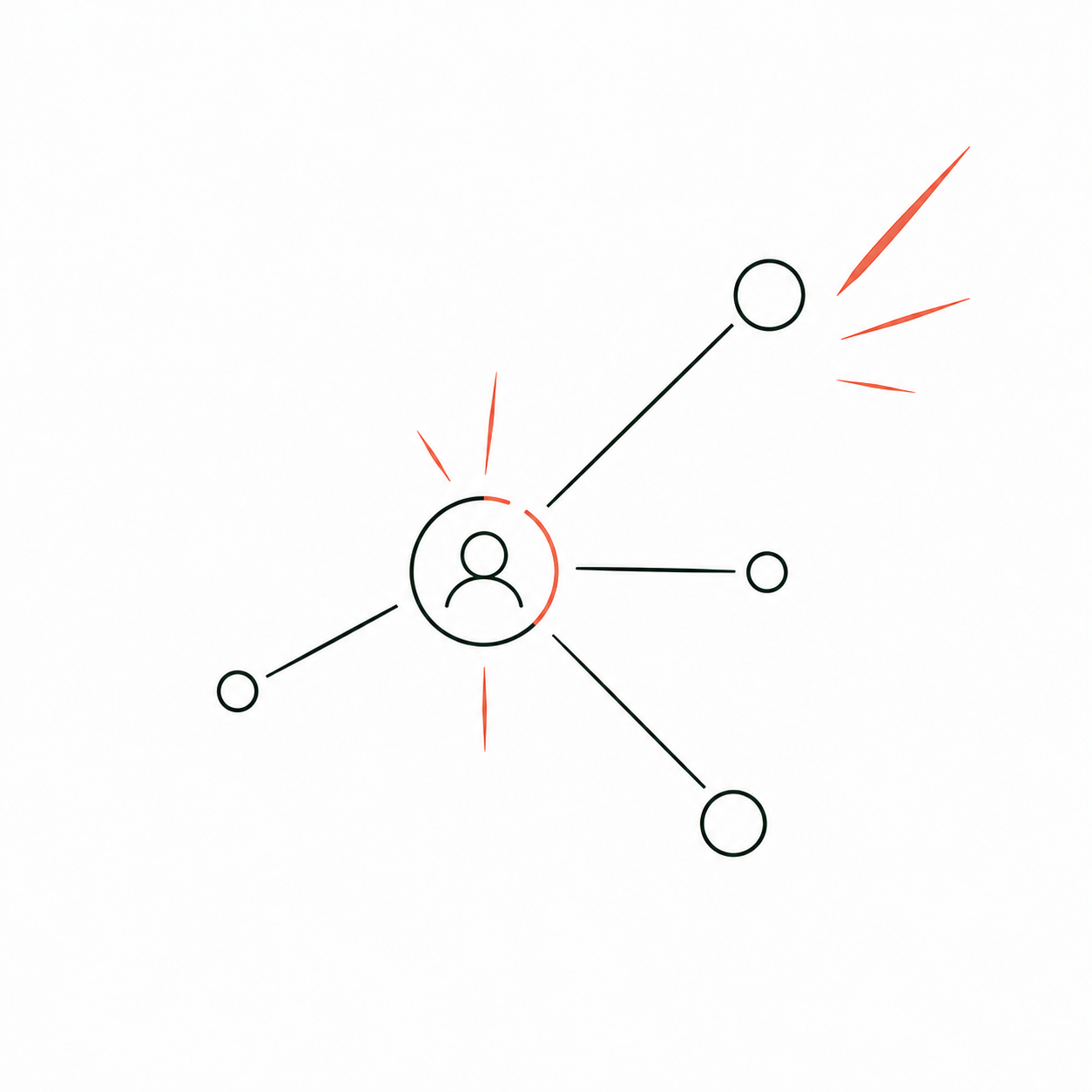 Minimal line-art icon showing a central creator connected to multiple audience nodes, representing influencer reach, network growth and expanding brand influence.