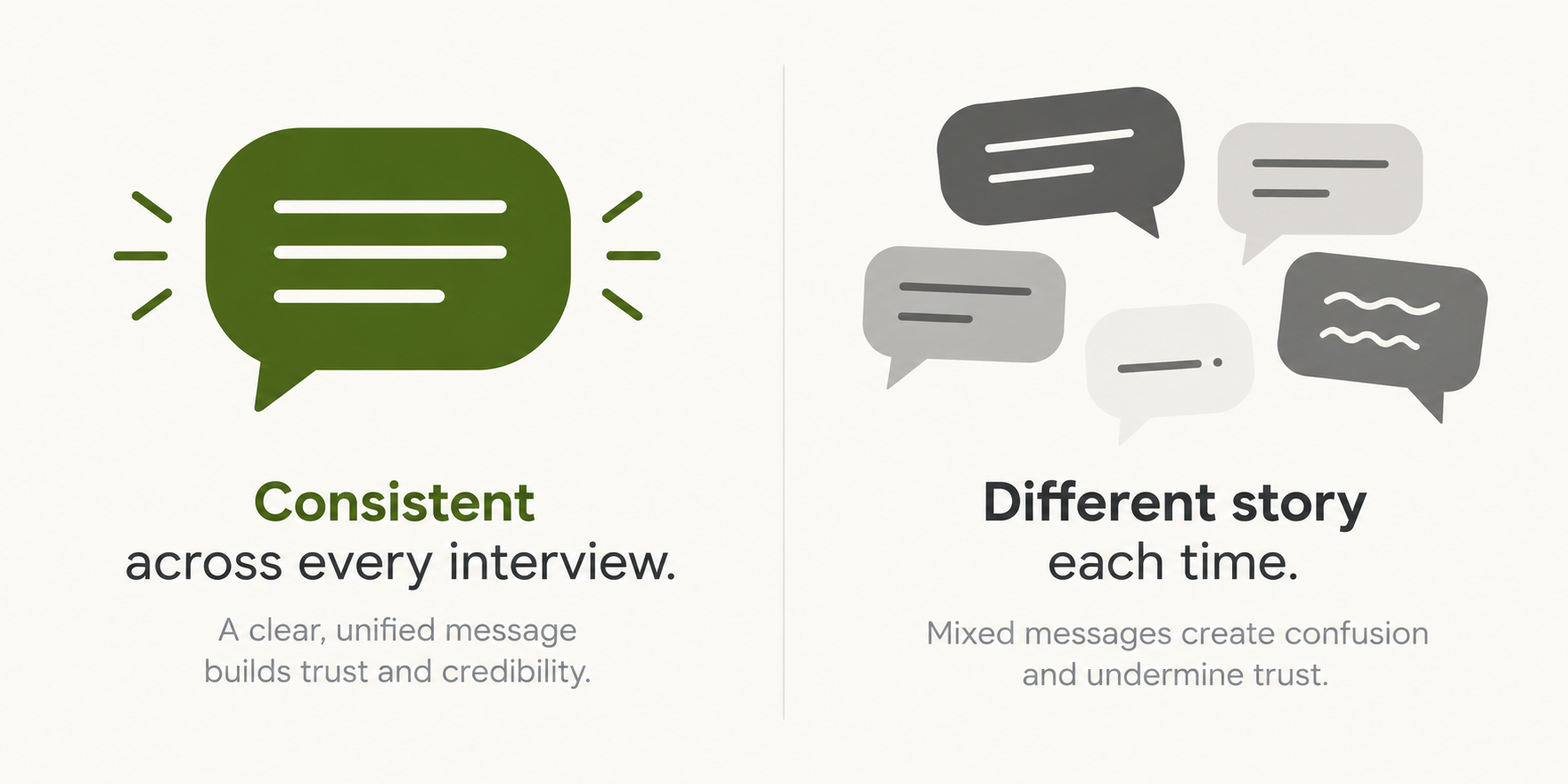 Earned media comparison showing consistent brand messaging across interviews versus fragmented and conflicting messages