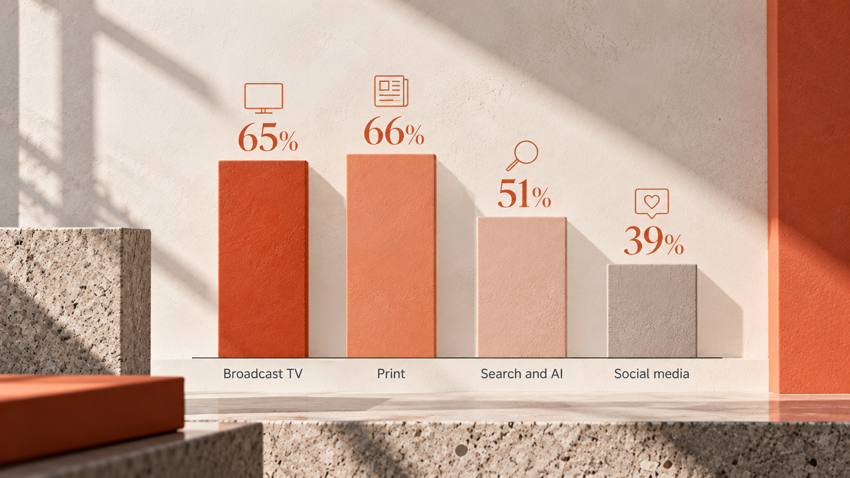 Ofcom media trust figures showing print at 66%, broadcast TV 65%, search and AI 51%, and social media 39%