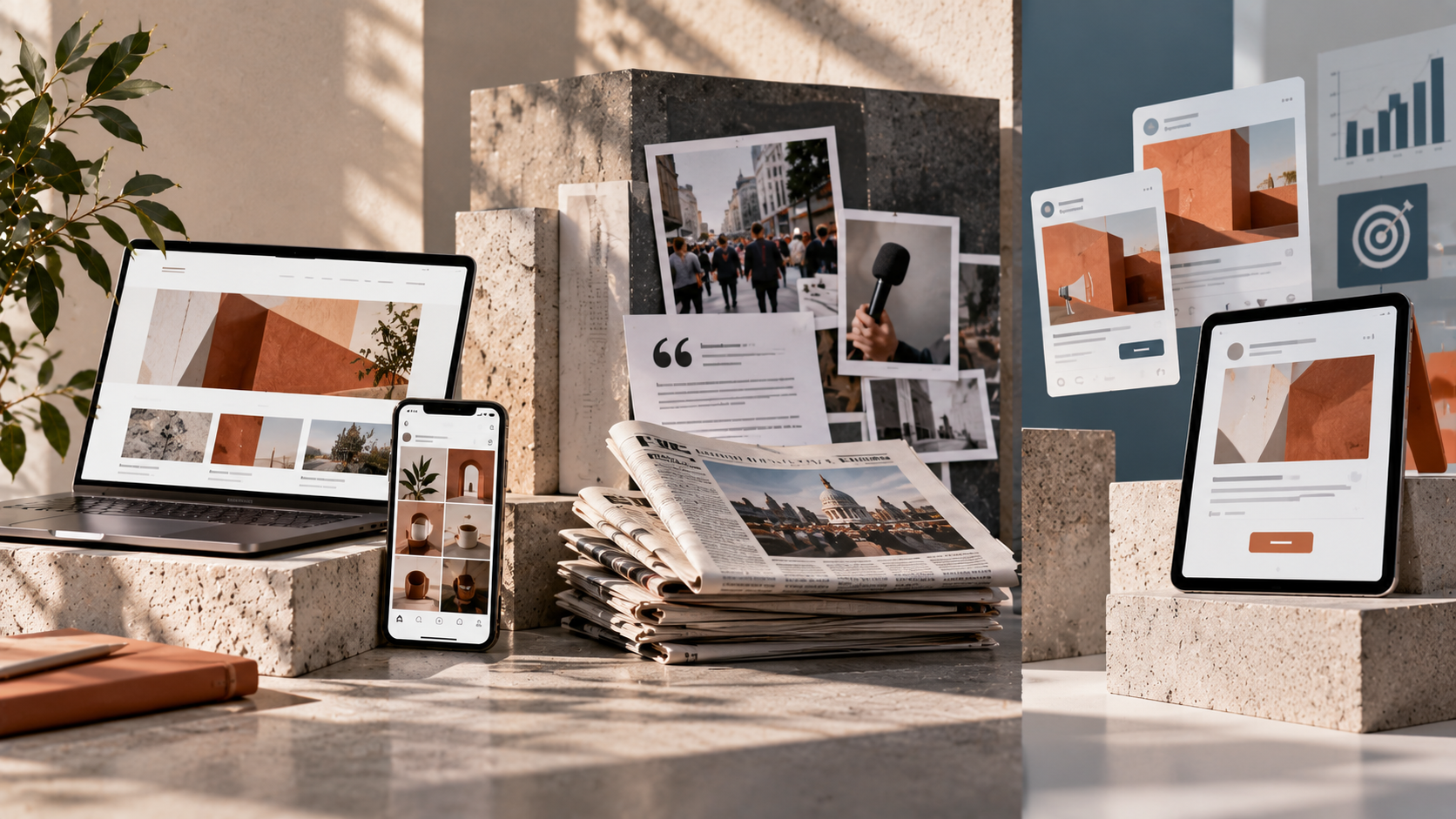 Owned, earned and paid media showing brand content, organic media coverage and paid advertising