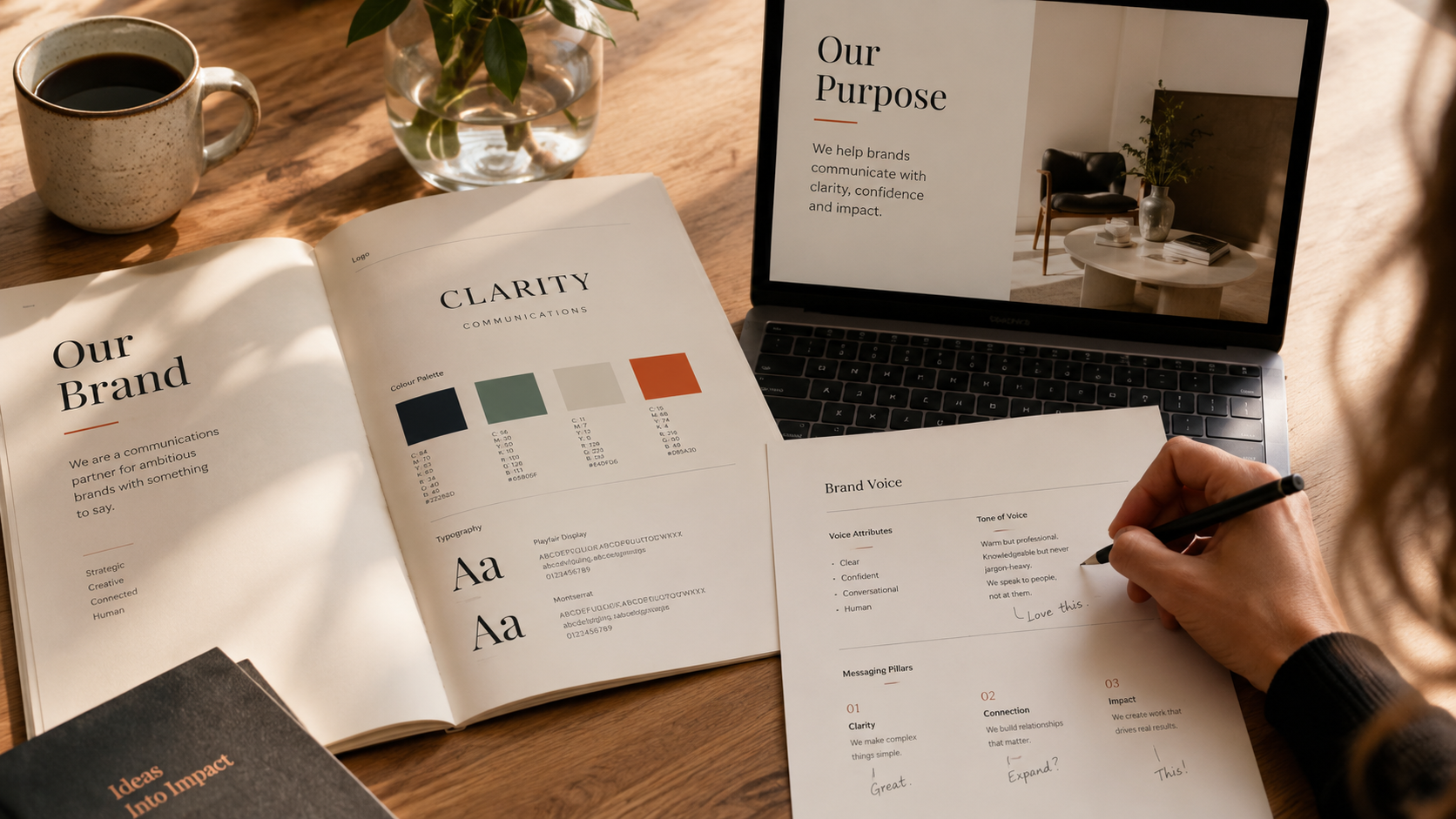 Brand tone of voice document with annotated pages on a desk, showing how effective brand voice guidelines help teams communicate consistently.