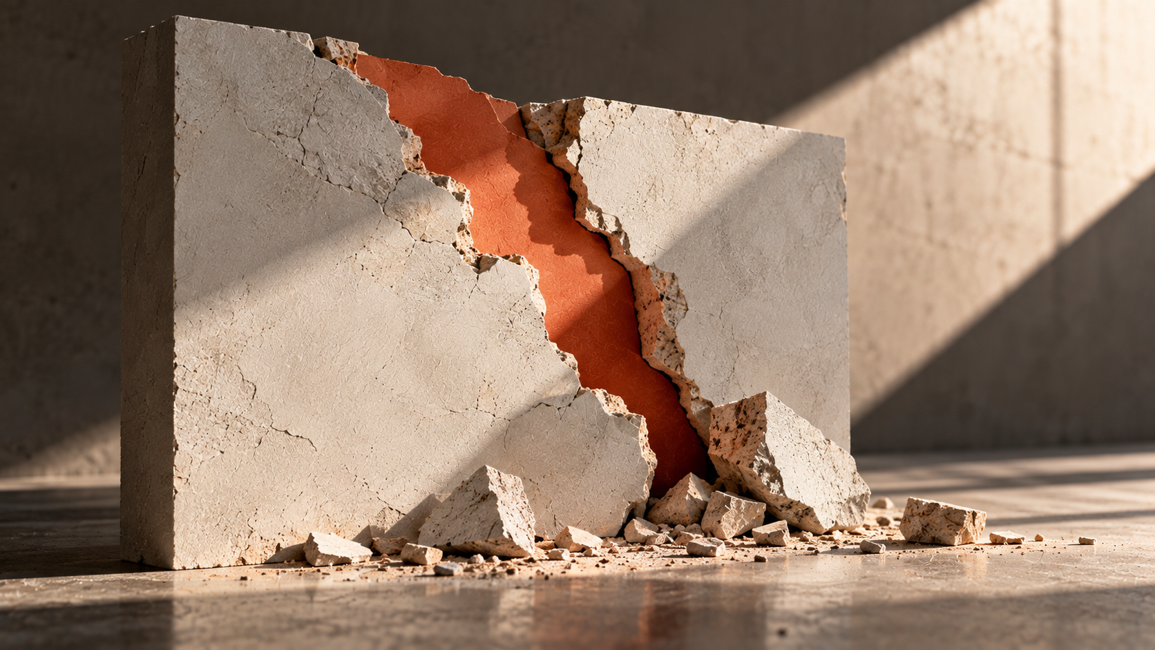 Cracked concrete wall breaking apart to reveal a bold coral layer underneath