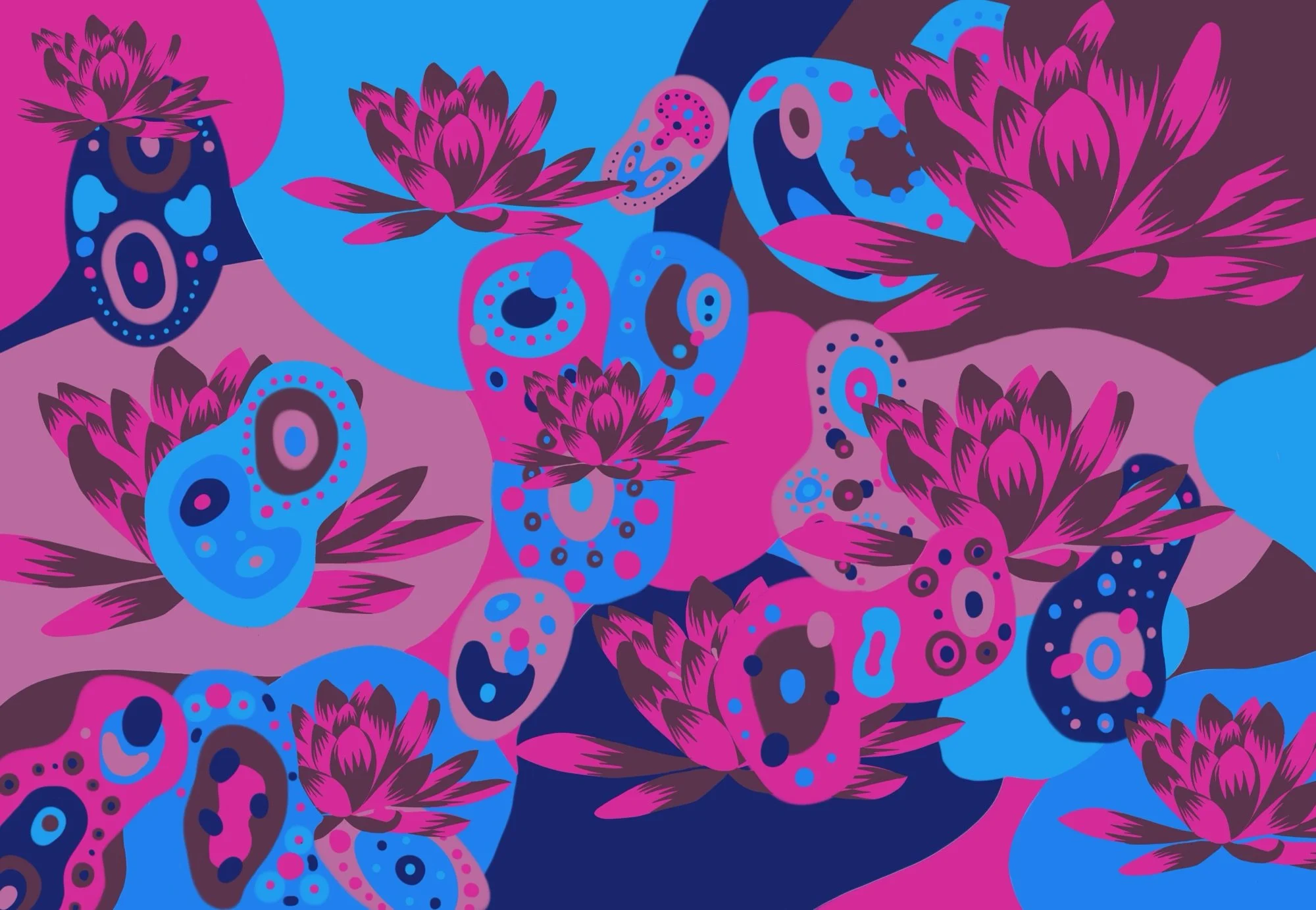 Colorful abstract pattern with pink, blue, purple, and black elements depicting flowers and dots.