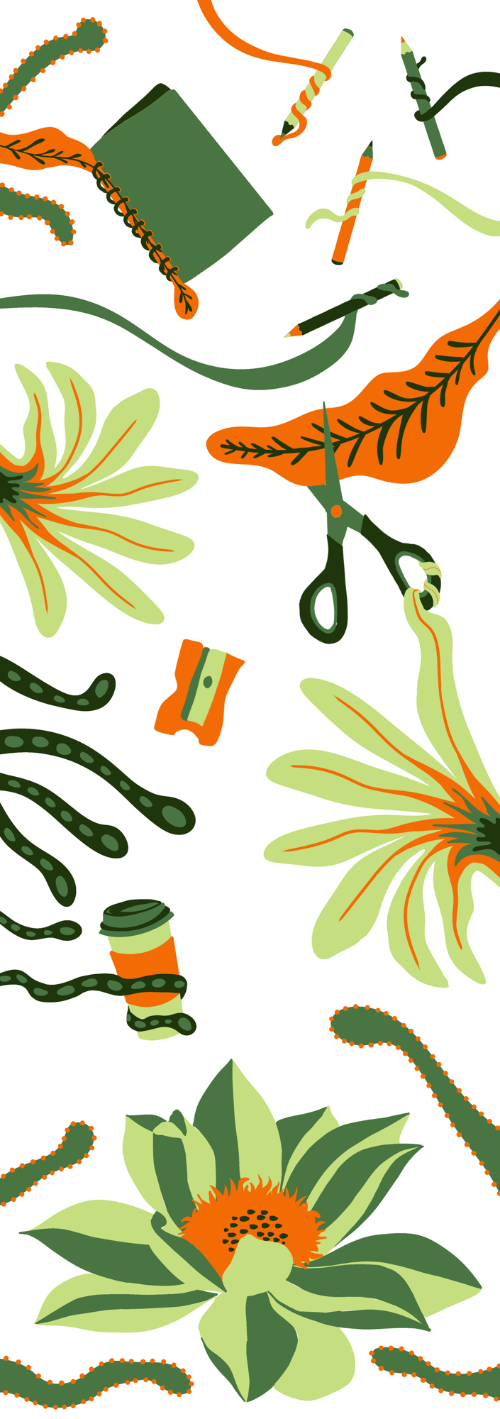Pattern of green and orange flowers, leaves, scissors, glue, pencils, a notebook, and a coffee cup on a white background.