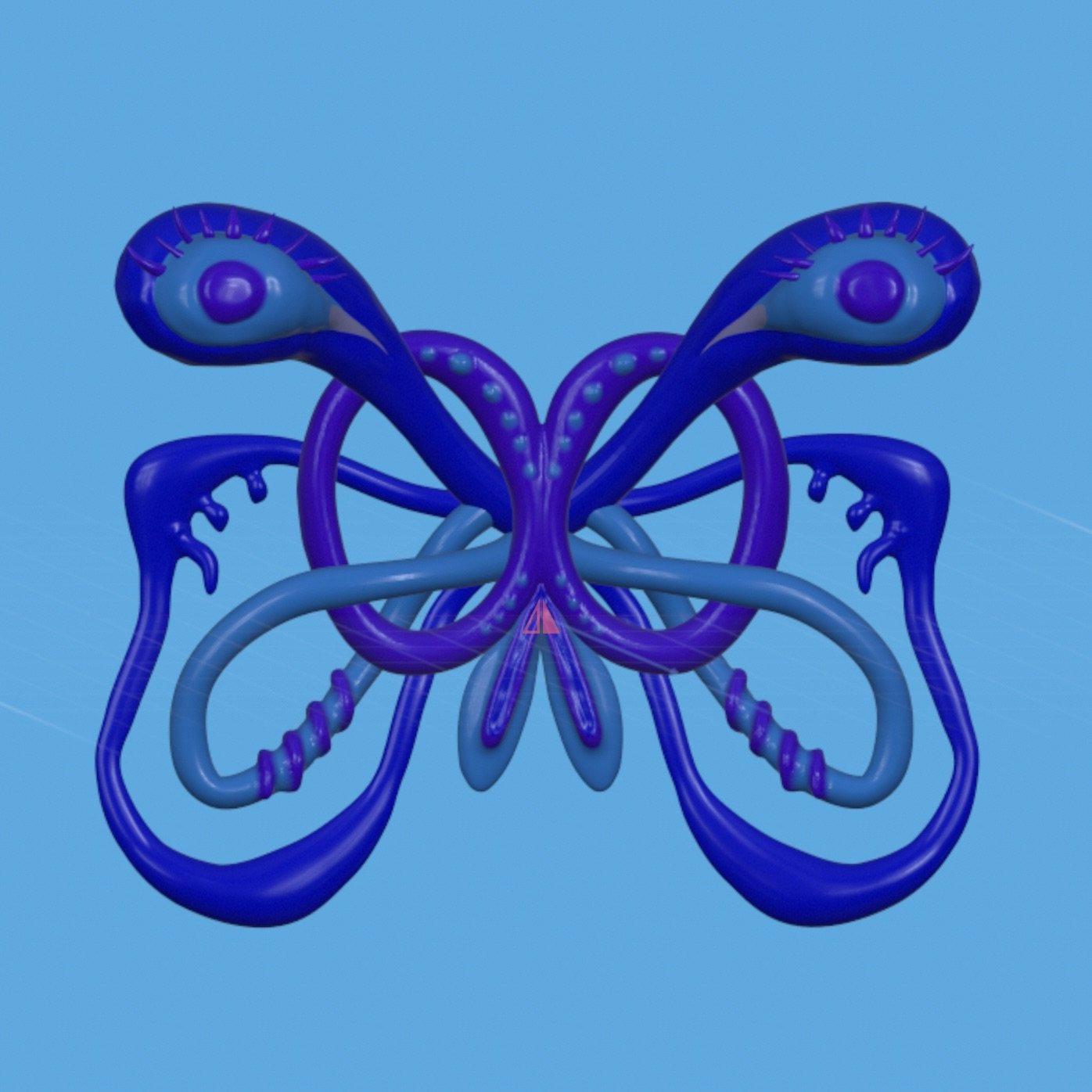 Digital illustration of a symmetrical, abstract creature or organism with elongated, tentacle-like limbs in shades of blue and purple, set against a light blue background.