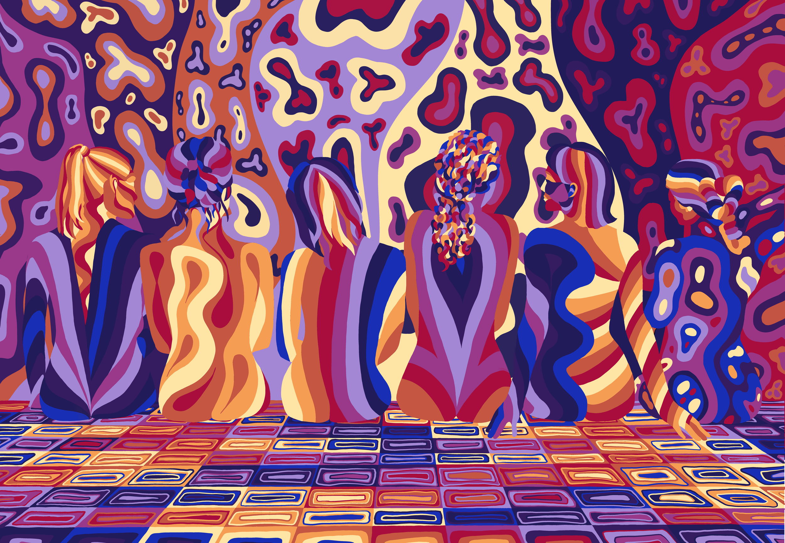 Abstract digital artwork with colorful flowing shapes and patterns, including stylized human figures, set against a vibrant, mosaic-like background.