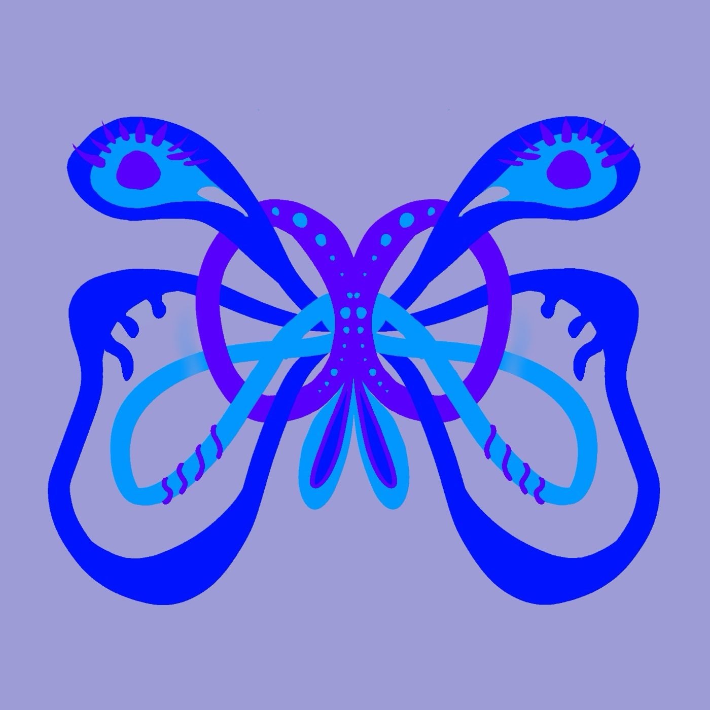Abstract symmetrical butterfly in shades of blue and purple on a light purple background.