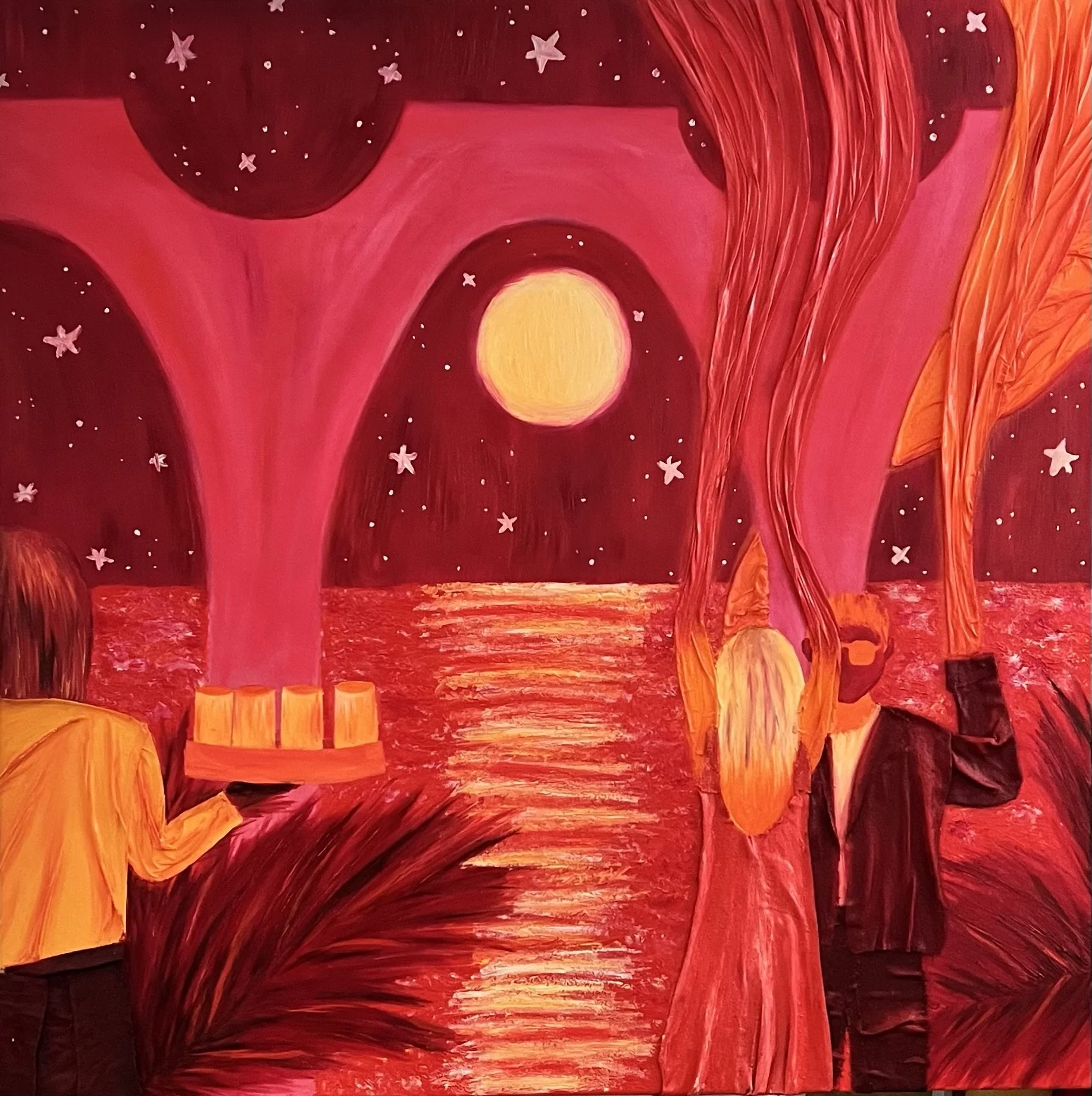 Starry night sky with a large bright moon over a red and orange landscape, featuring trees and a body of water, painted in warm colors.