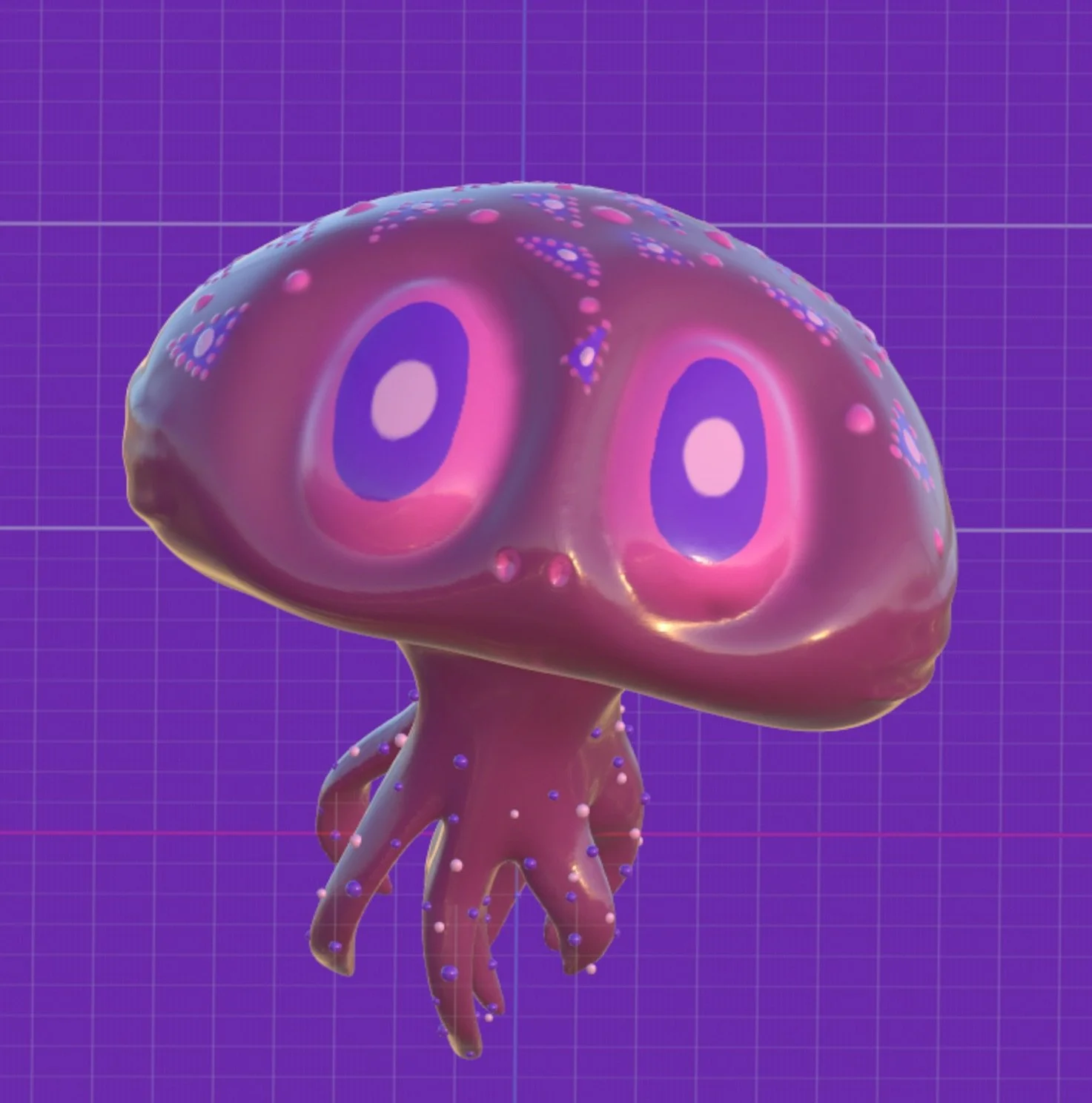 A digital illustration of a purple octopus with large eyes, set against a grid-patterned purple background.