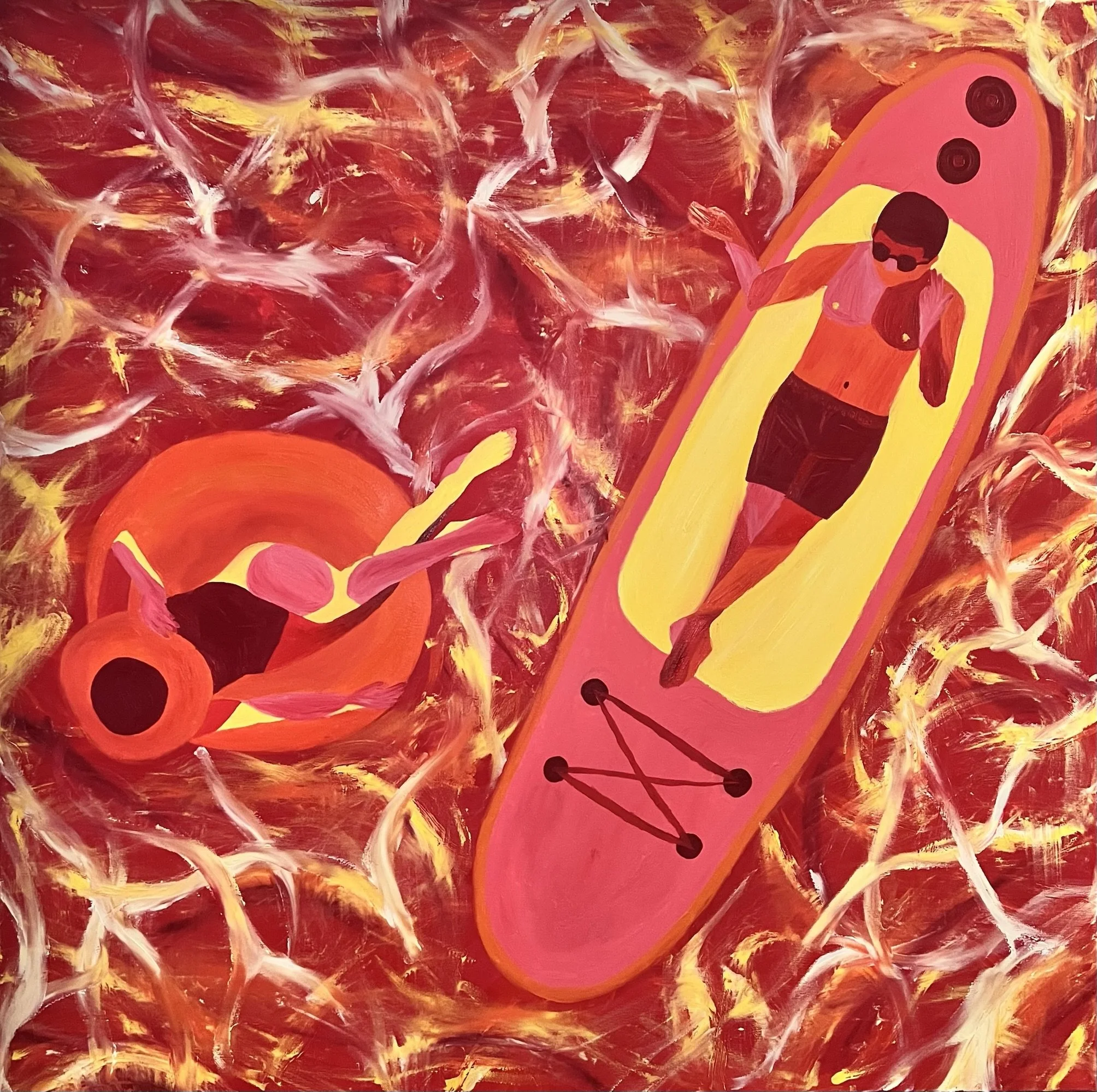 Abstract painting with swirling red, white, yellow, and orange brushstrokes and a painted figure of a man in sunglasses, a red tank top, and black shorts, holding a spray paint can.