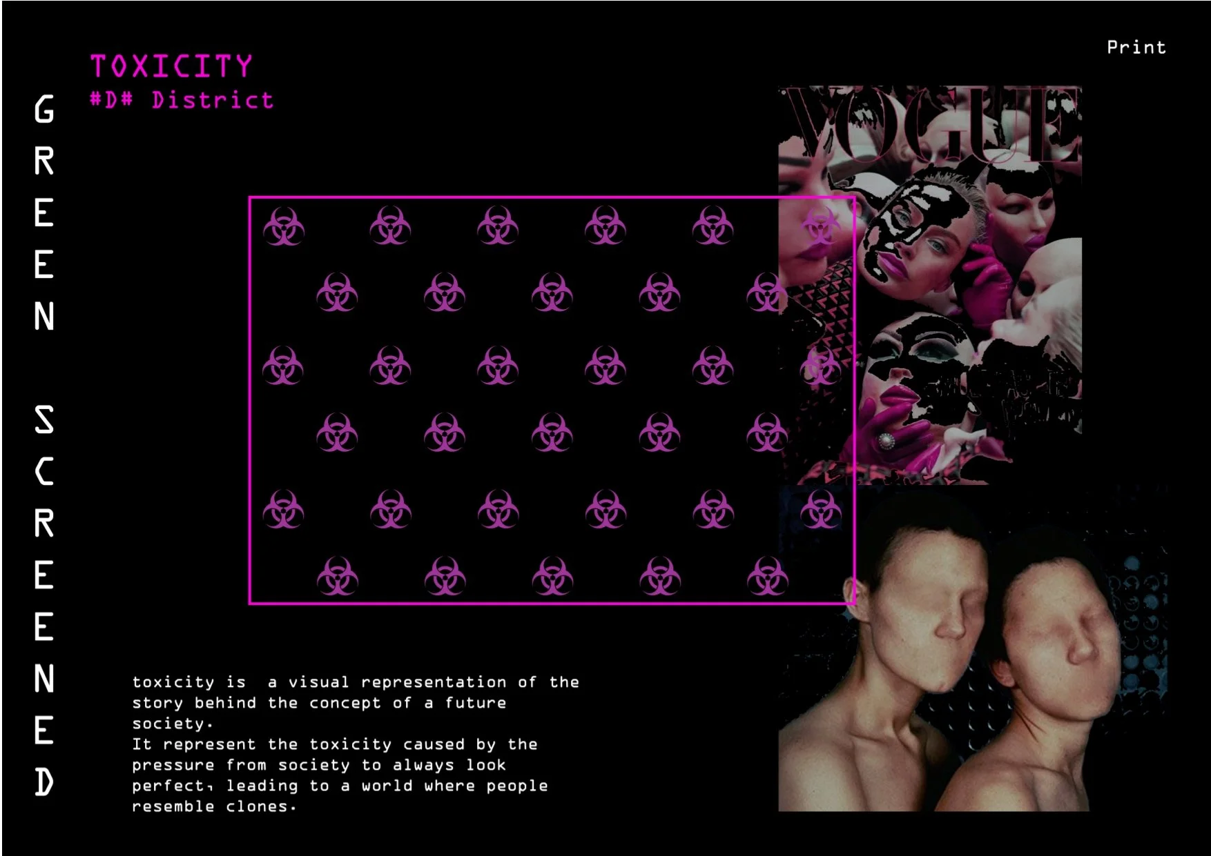 A digital collage with a black background, pink and purple elements, and images of diverse women with makeup and hairstyles. The collage features a grid of purple biohazard symbols in the center, with the word «TOXICITY» in pink at the top left. Vert